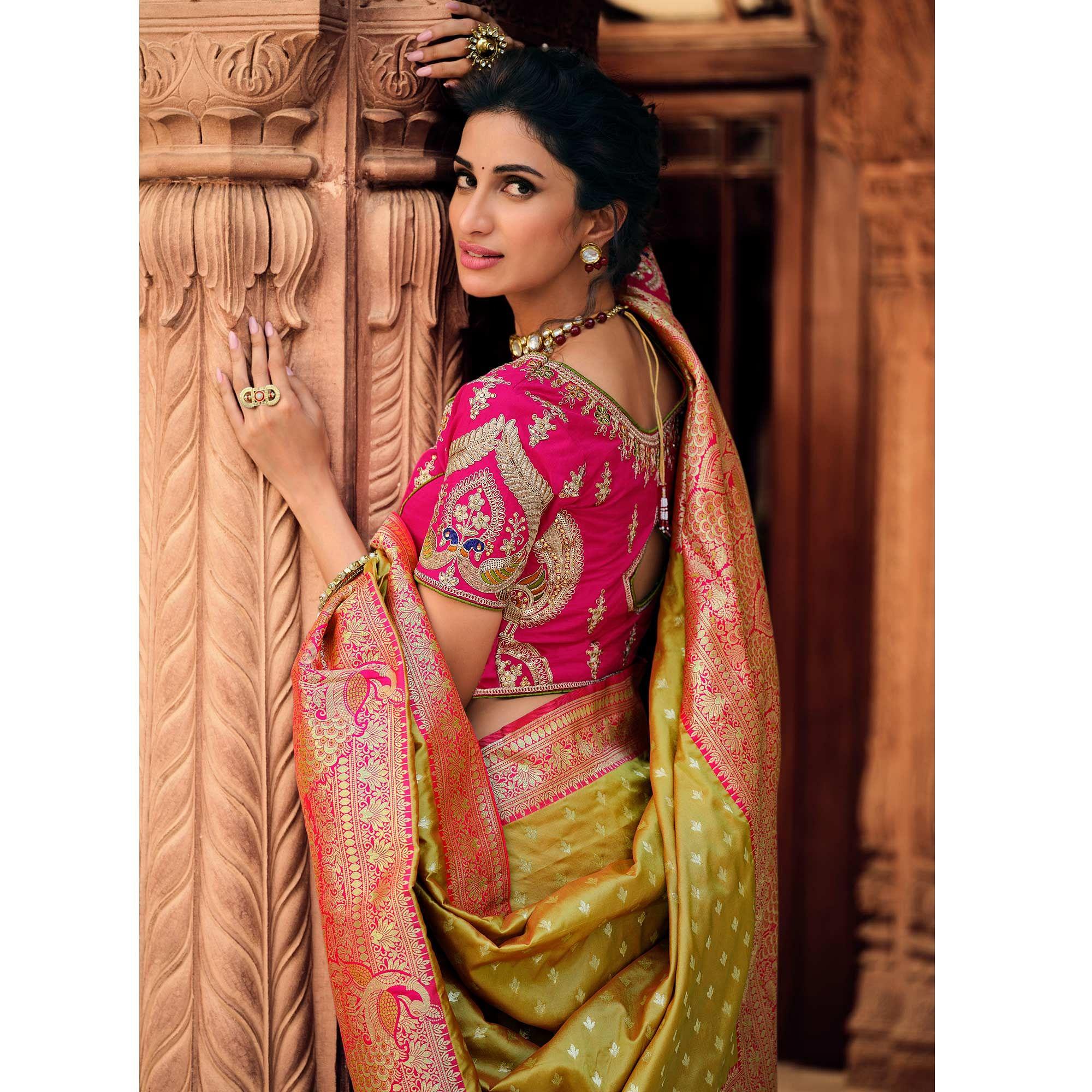 Green Festive Wear Woven Pure Silk Saree - Peachmode
