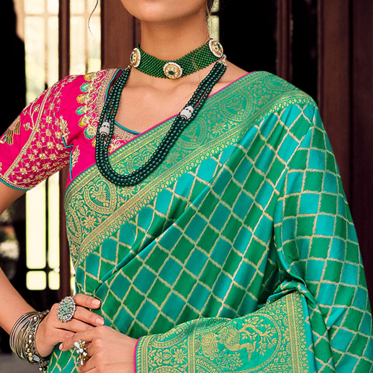 Green Festive Wear Woven Pure Silk Saree - Peachmode