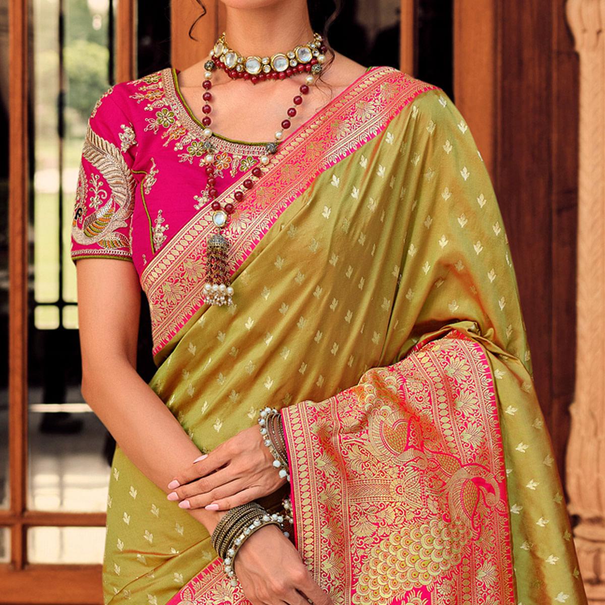 Green Festive Wear Woven Pure Silk Saree - Peachmode