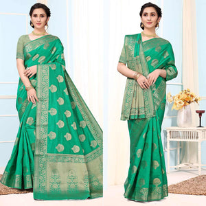 Green Festive Wear Woven Raw Silk Saree - Peachmode