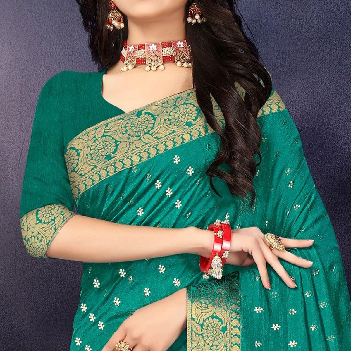 Green Festive Wear Woven Silk Designer Saree - Peachmode