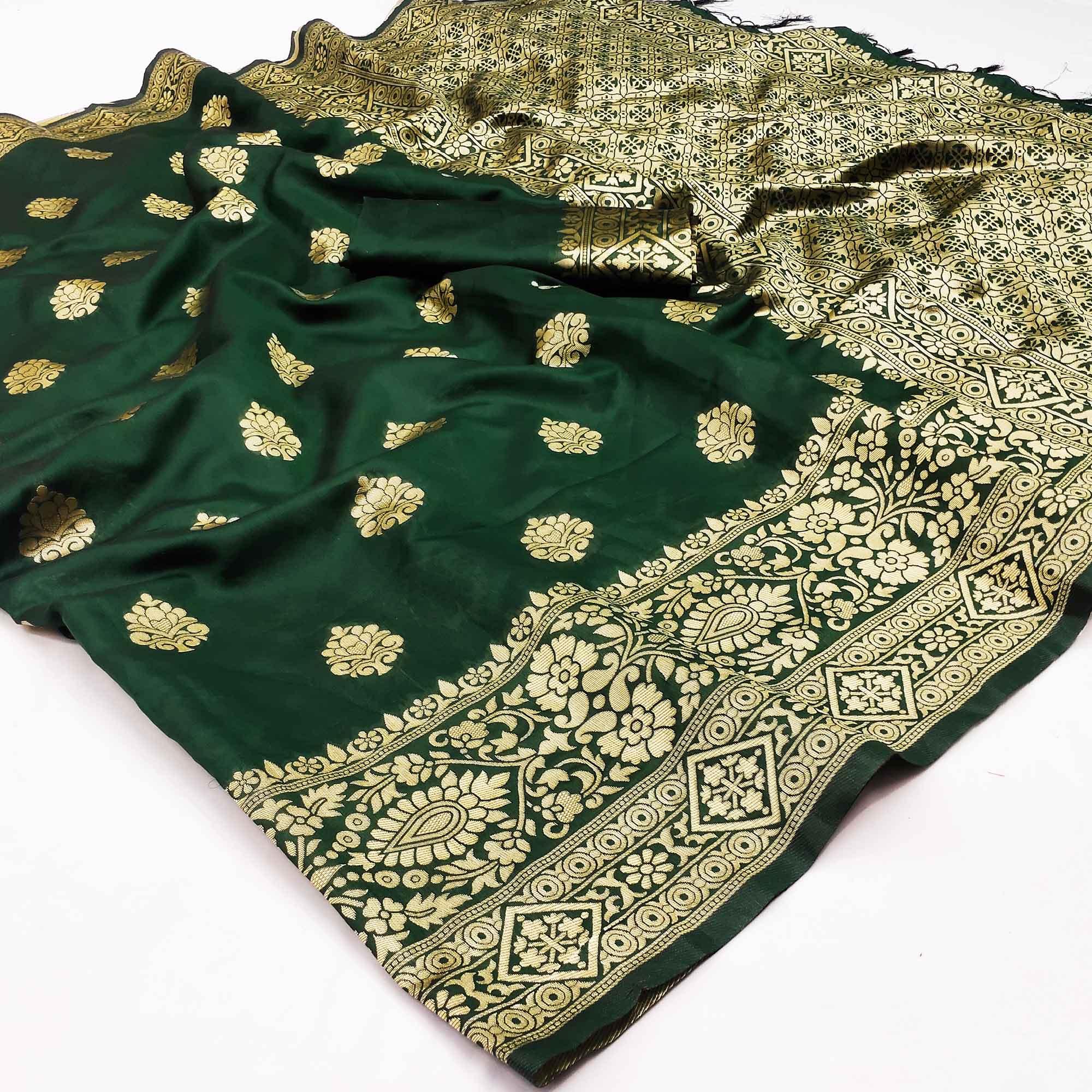 Green Festive Wear Woven Silk Saree - Peachmode