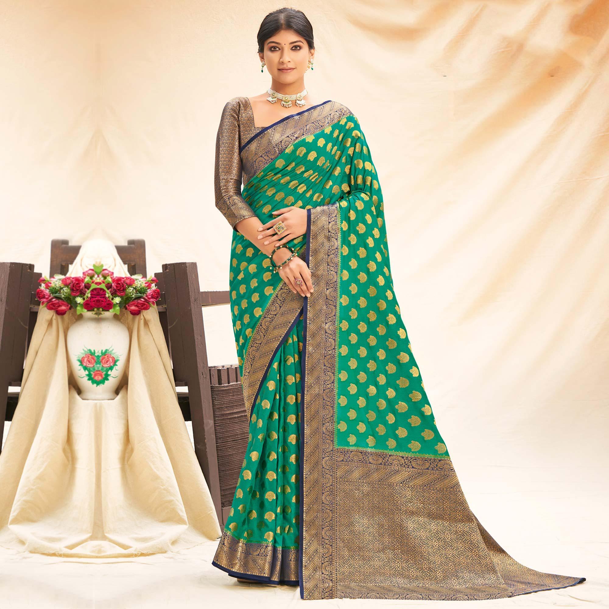 Green Festive Wear Woven Silk Saree - Peachmode