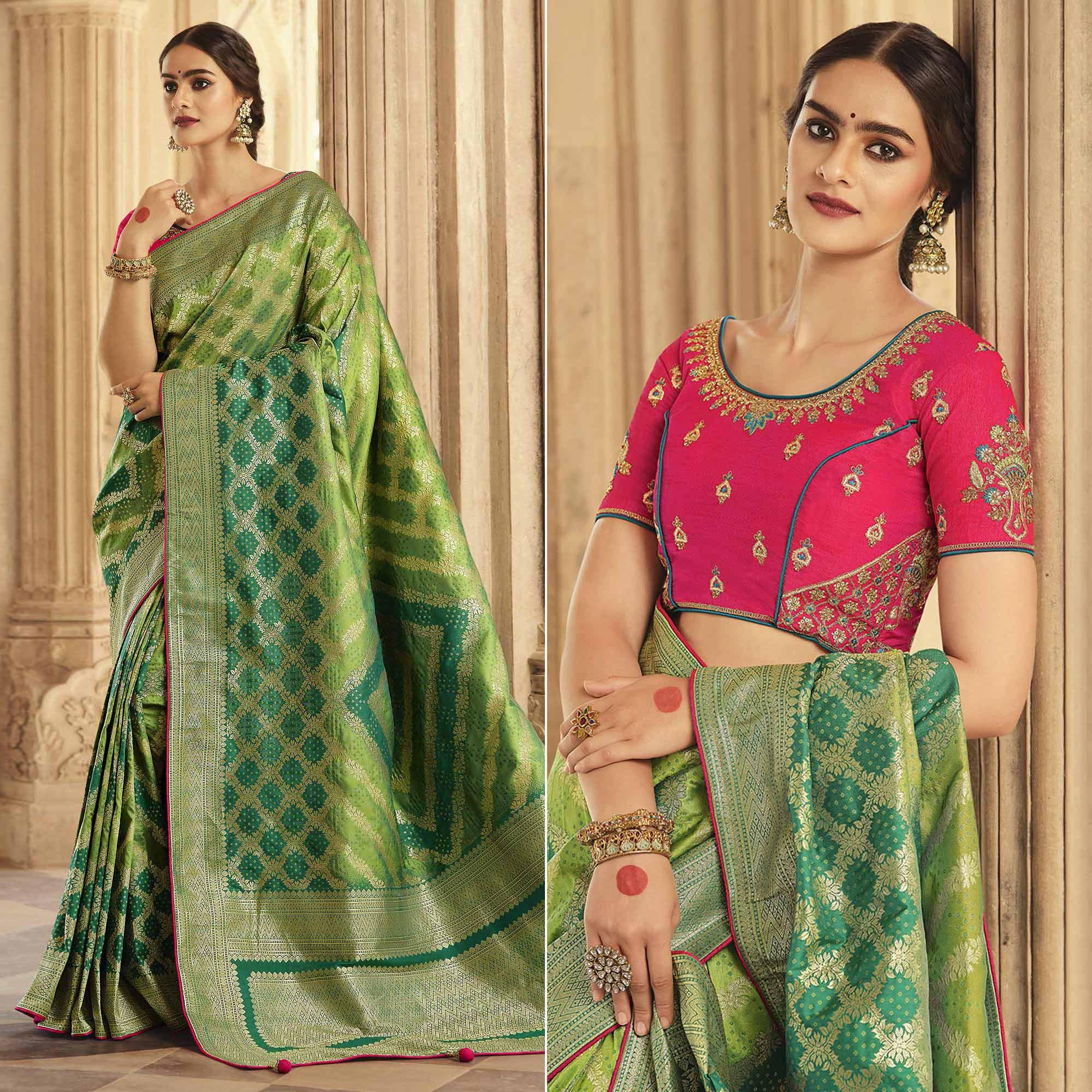Green Festive Wear Woven Silk Saree - Peachmode