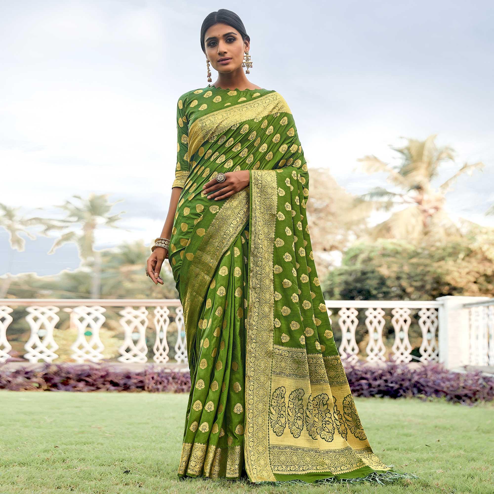 Green Festive Wear Woven Silk Saree - Peachmode