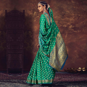 Green Festive Wear Woven Silk Saree - Peachmode