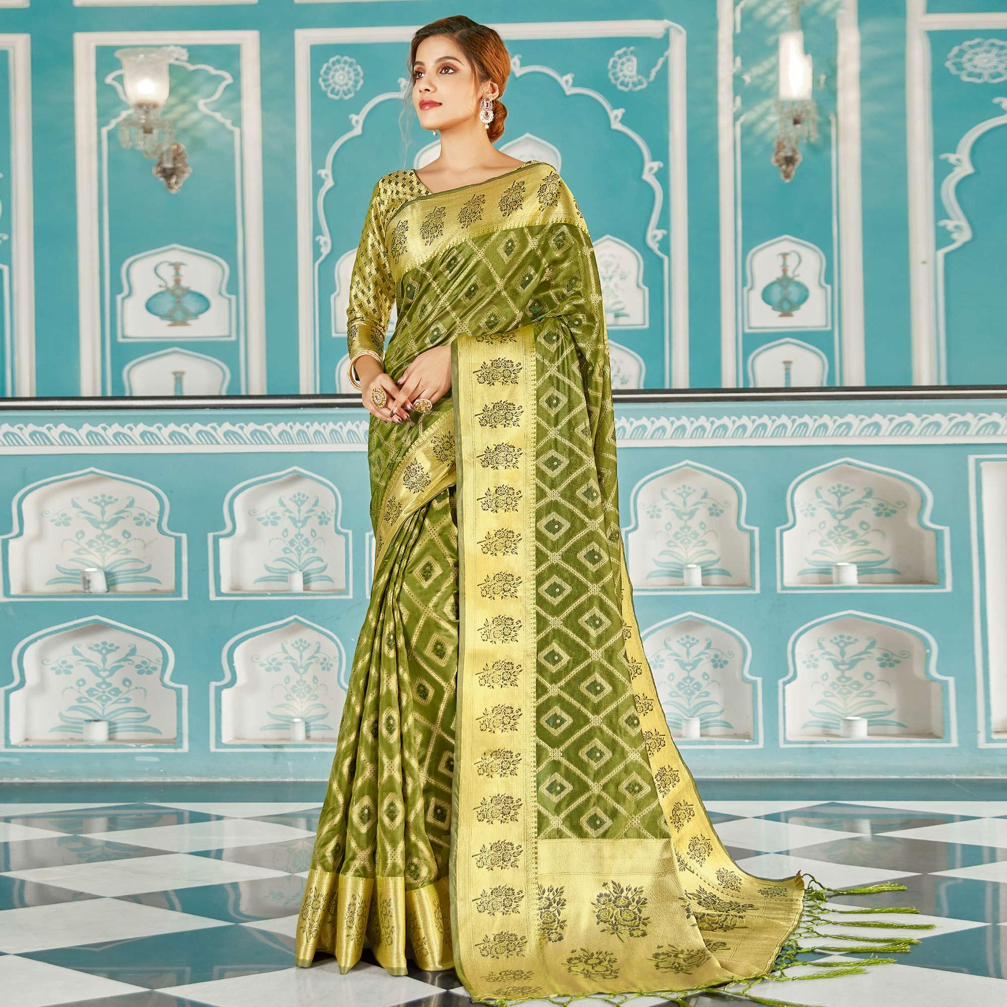 Green Festive Wear Woven Silk Saree - Peachmode