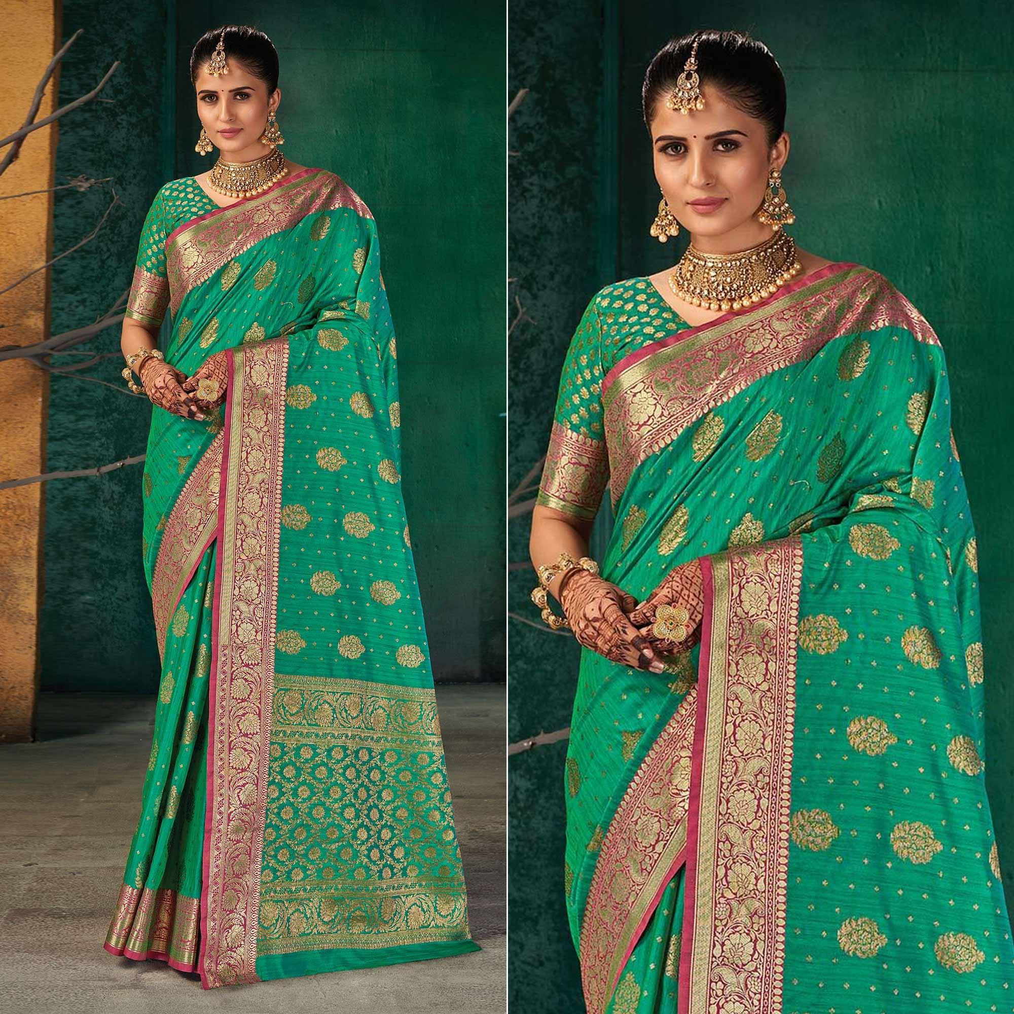 Green Festive Wear Woven Silk Saree - Peachmode