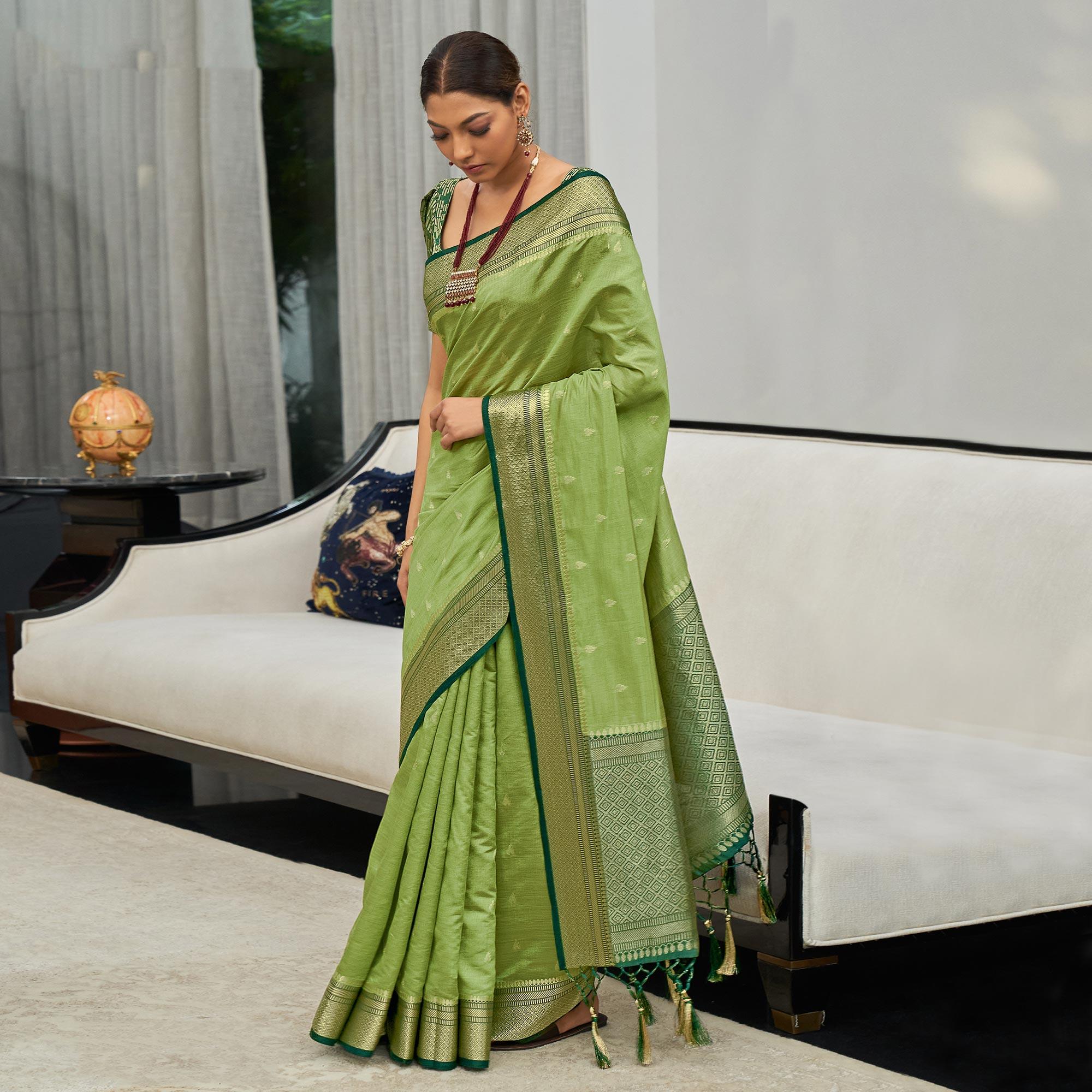Green Festive Wear Woven Silk Saree - Peachmode