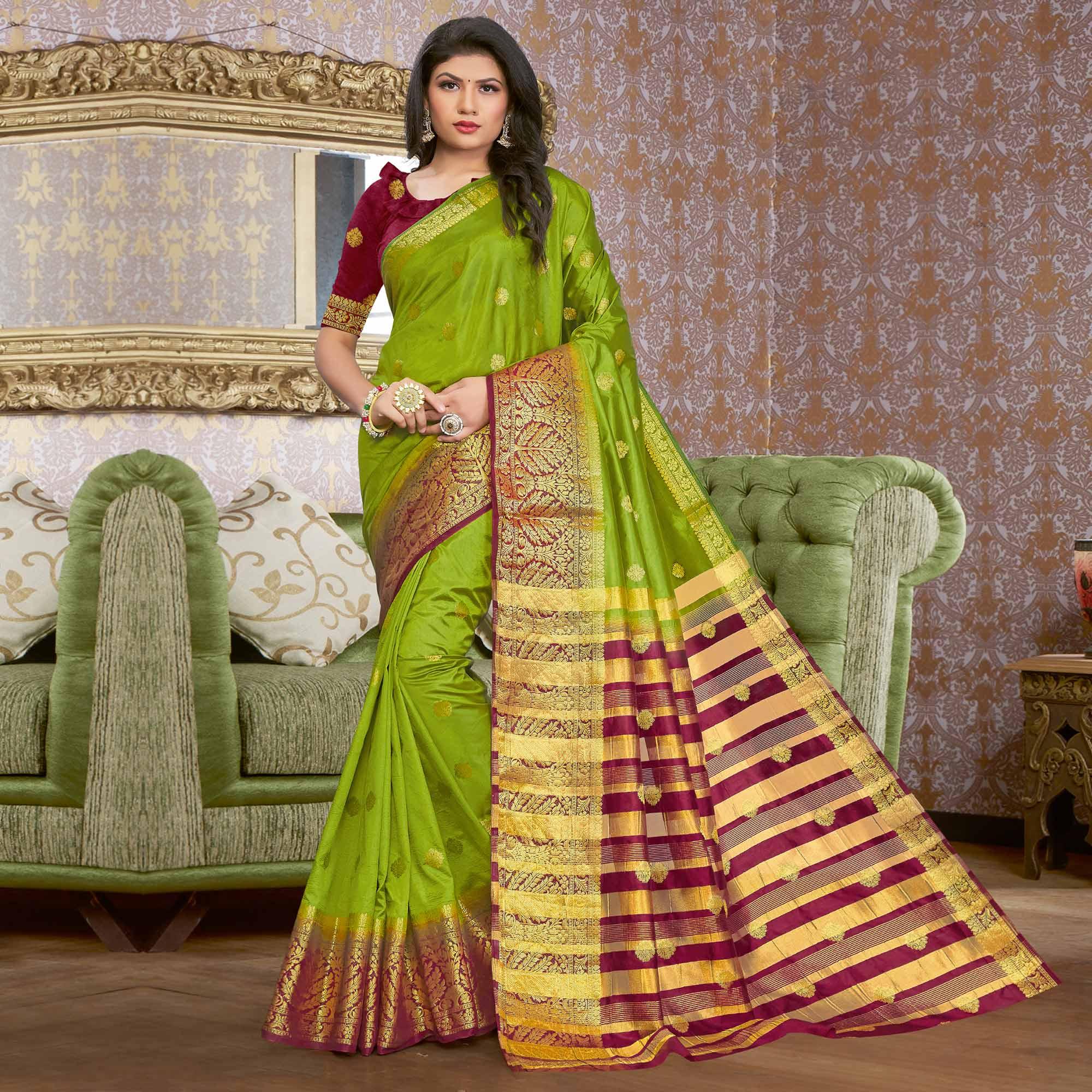 Green Festive Wear Woven Silk Saree - Peachmode