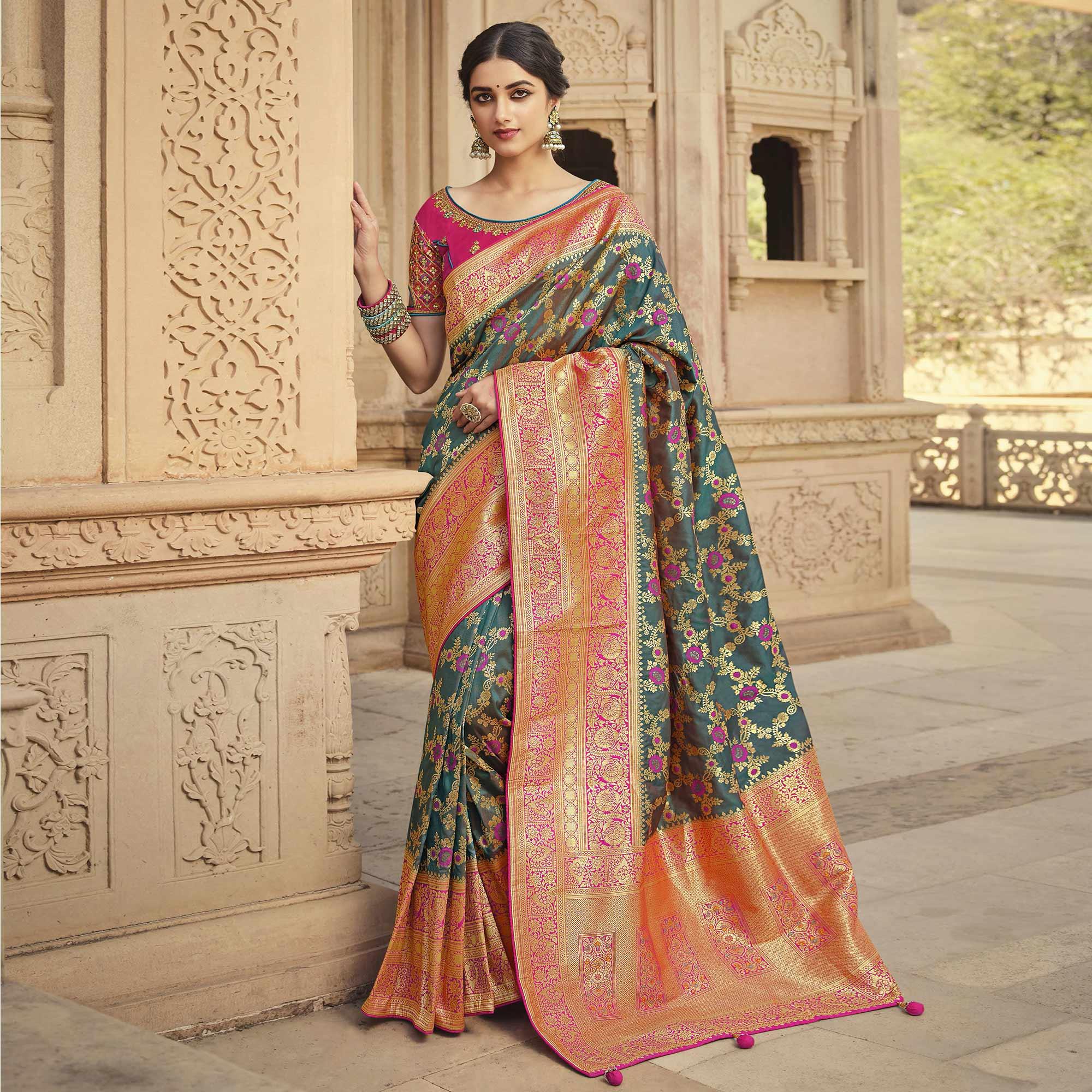 Green Festive Wear Woven Silk Saree - Peachmode