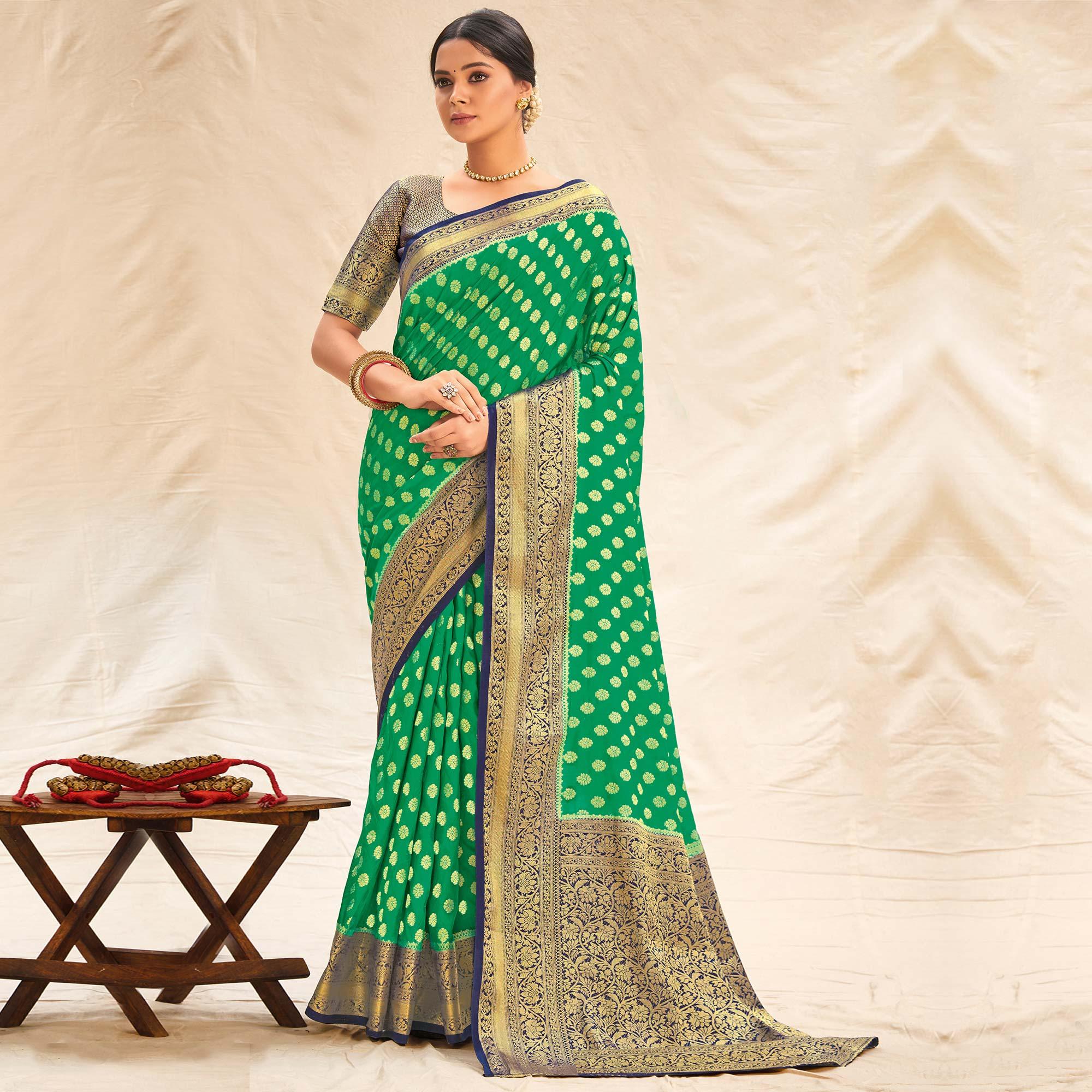 Green Festive Wear Woven Silk Saree - Peachmode