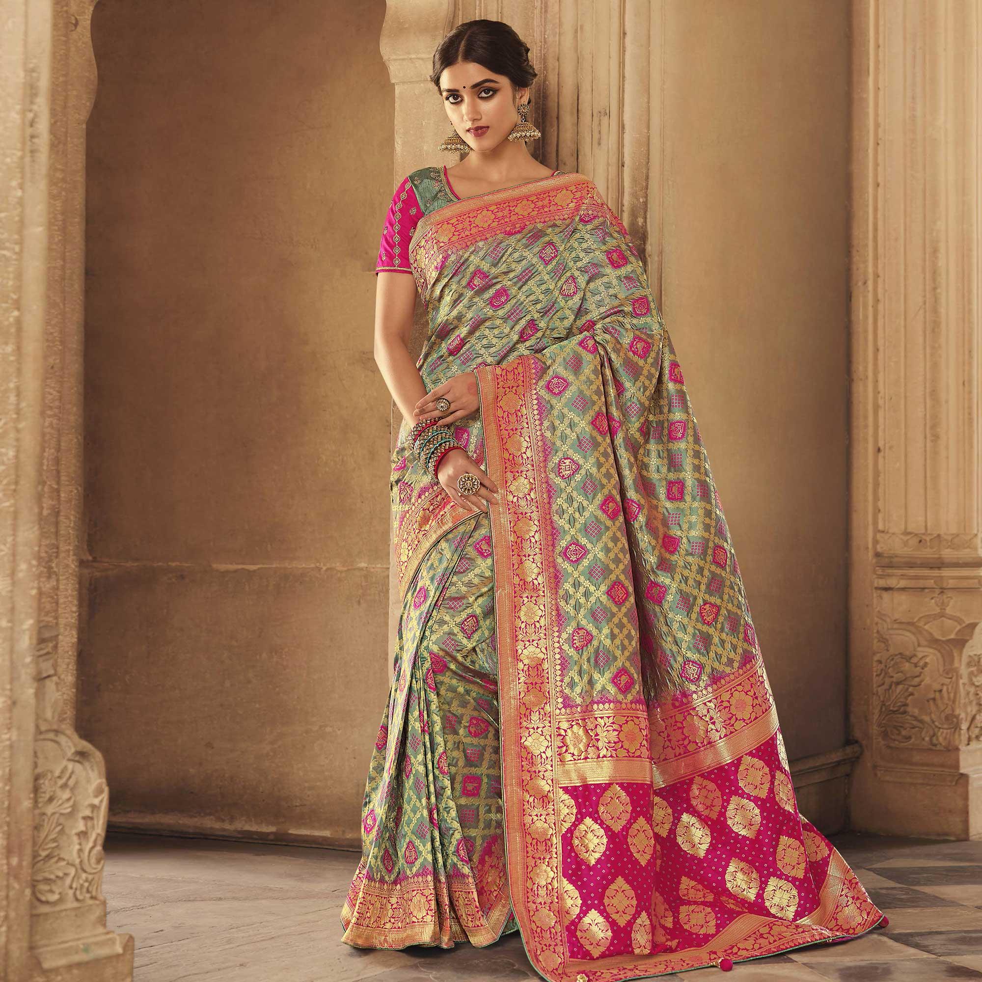 Green Festive Wear Woven Silk Saree - Peachmode