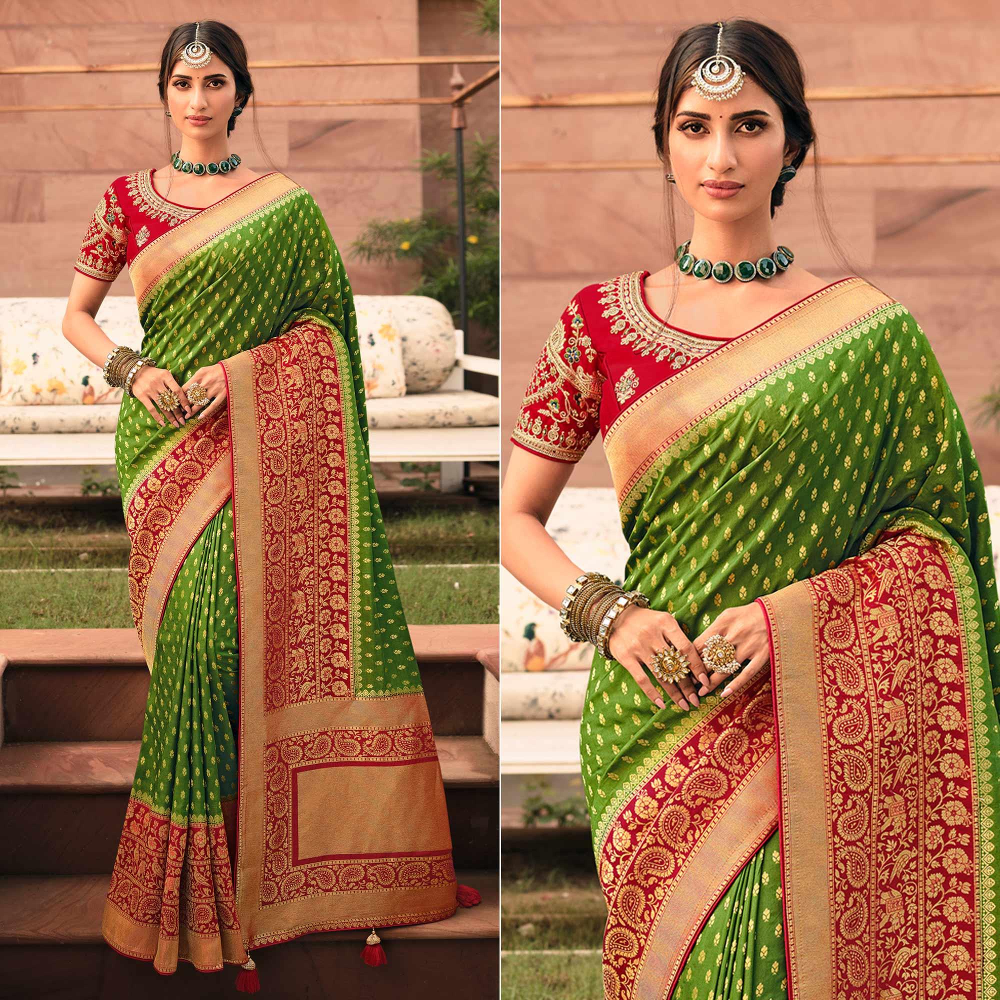 Green Festive Wear Woven Silk Saree - Peachmode