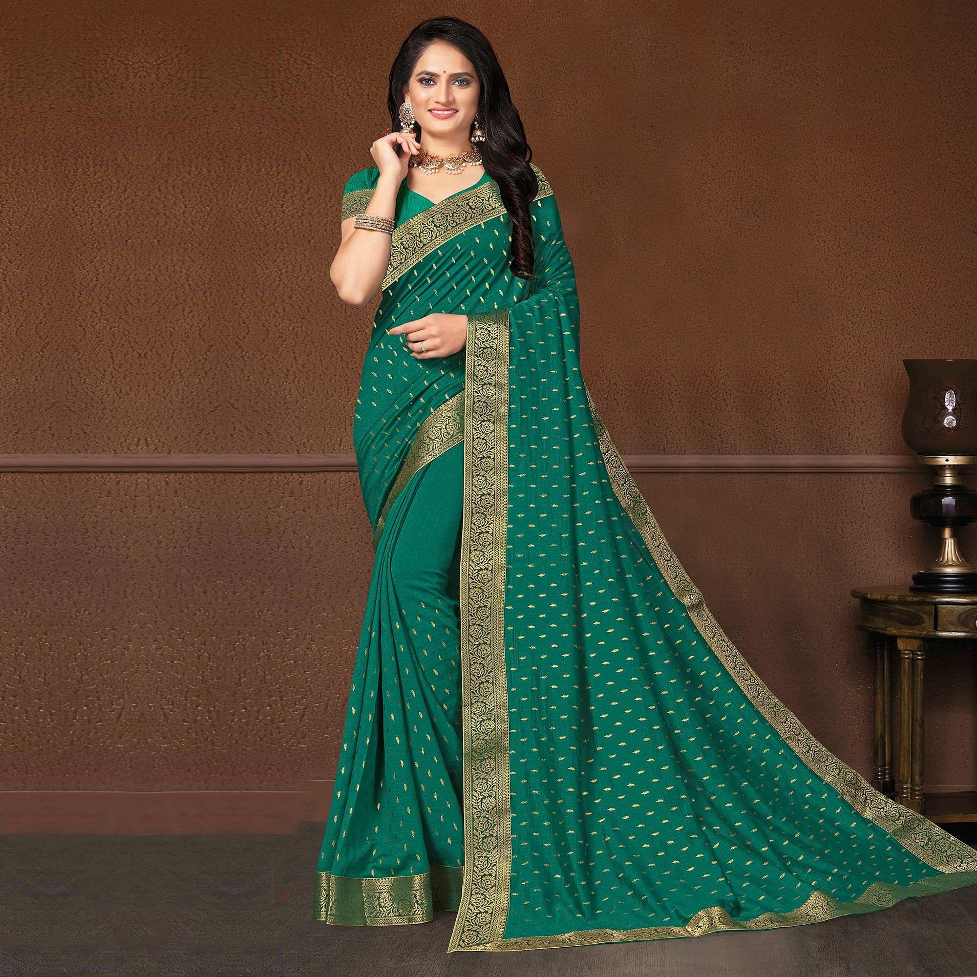 Green Festive Wear Woven Silk Saree - Peachmode