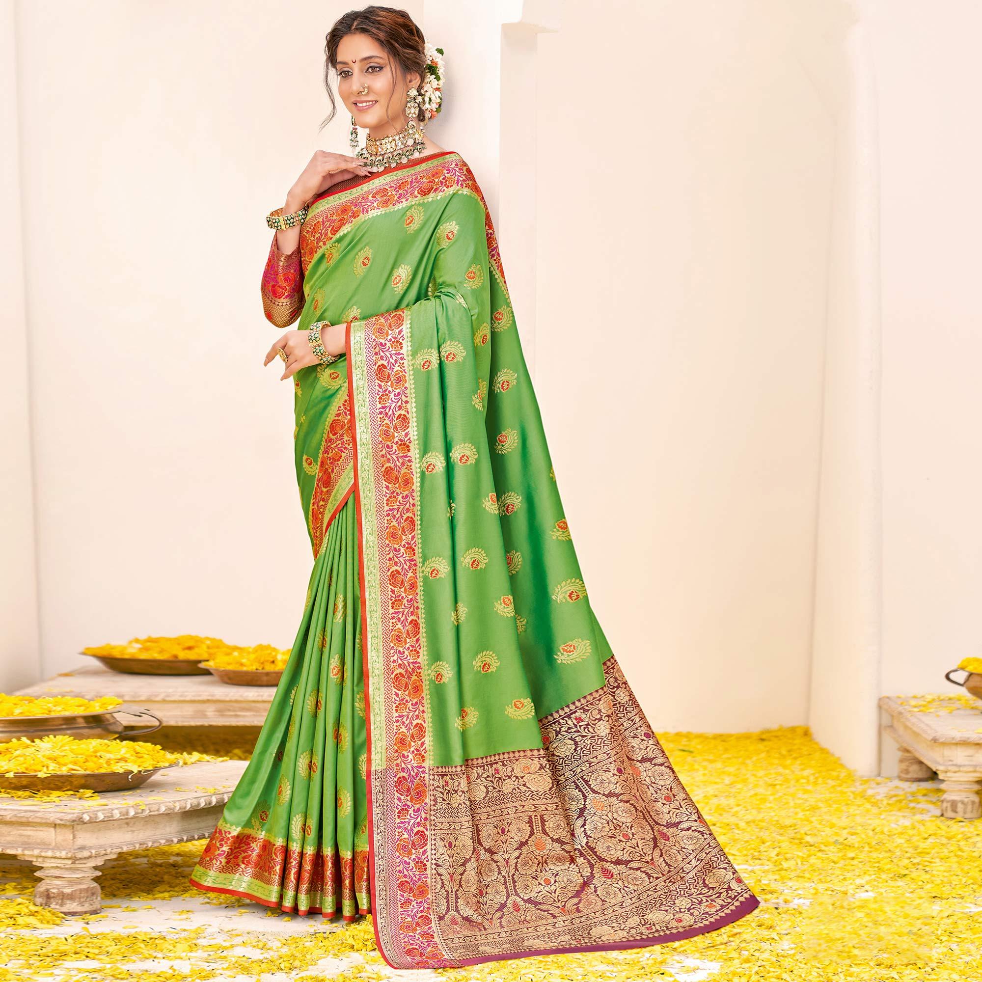 Green Festive Wear Woven Silk Saree - Peachmode