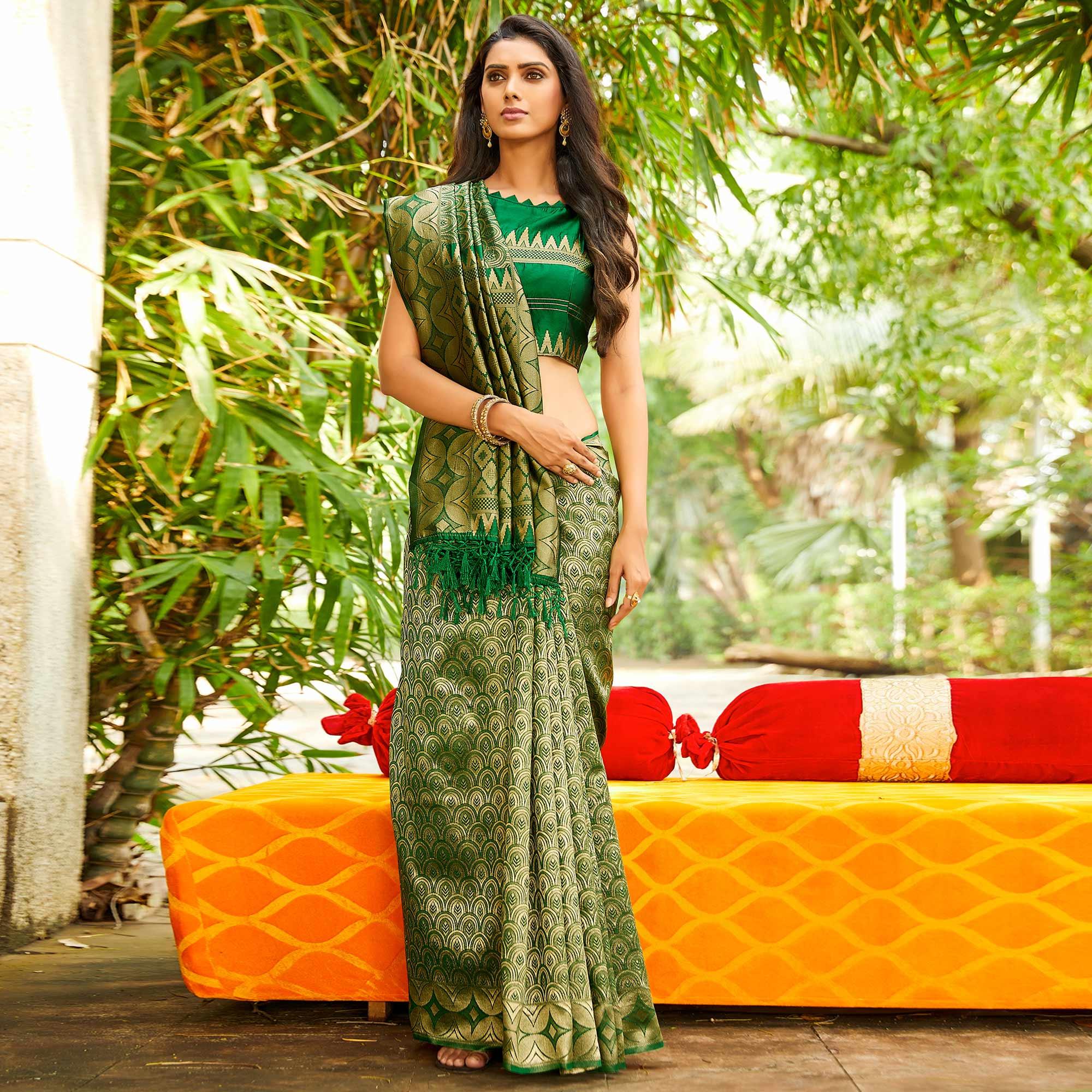 Green Festive Wear Woven Silk Saree - Peachmode