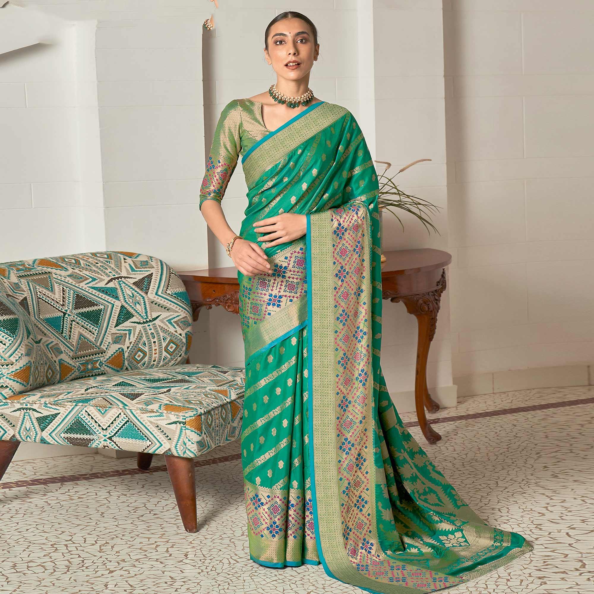 Green Festive Wear Woven Silk Saree - Peachmode
