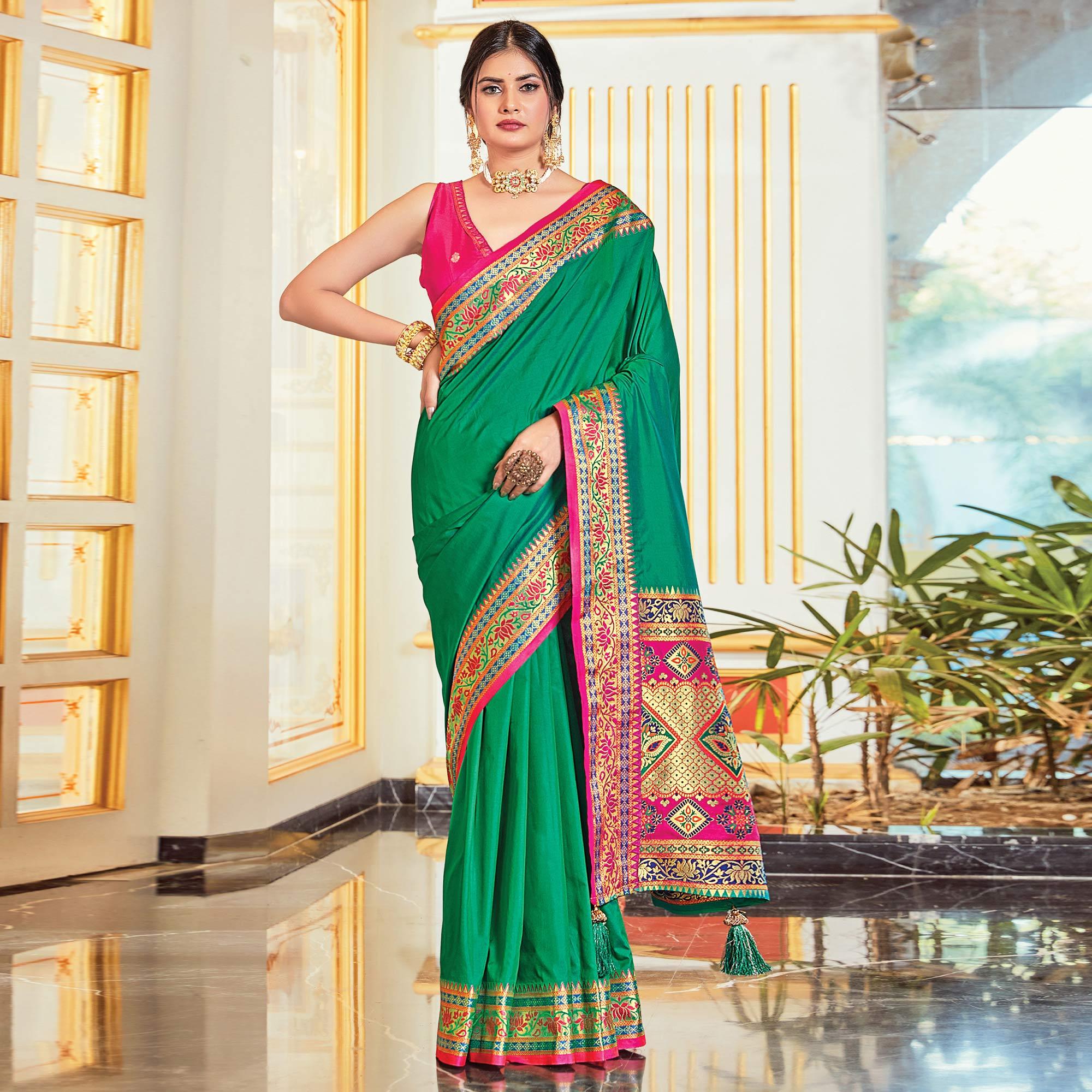 Green Festive Wear Woven Silk Saree - Peachmode