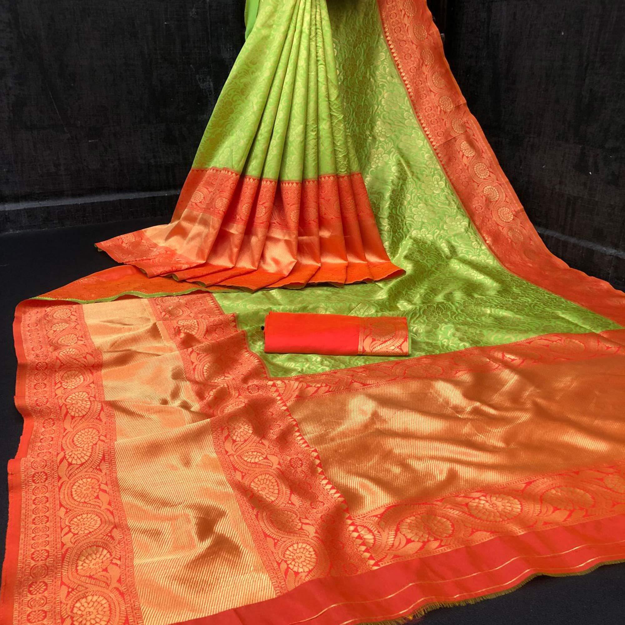 Green Festive Wear Woven Silk Saree - Peachmode
