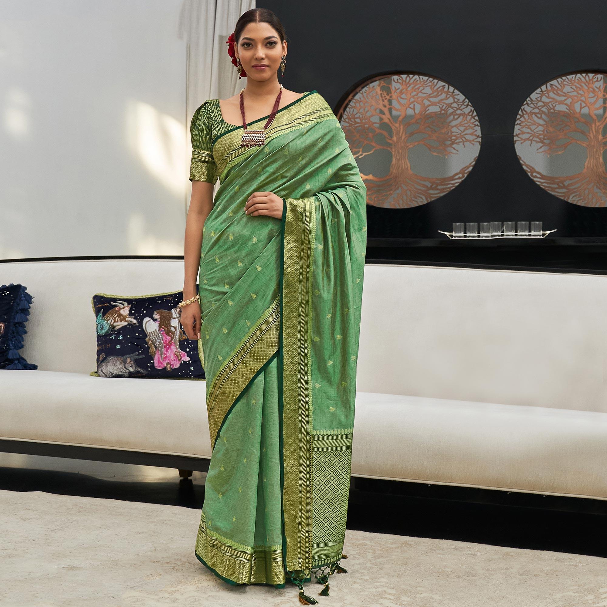 Green Festive Wear Woven Silk Saree - Peachmode