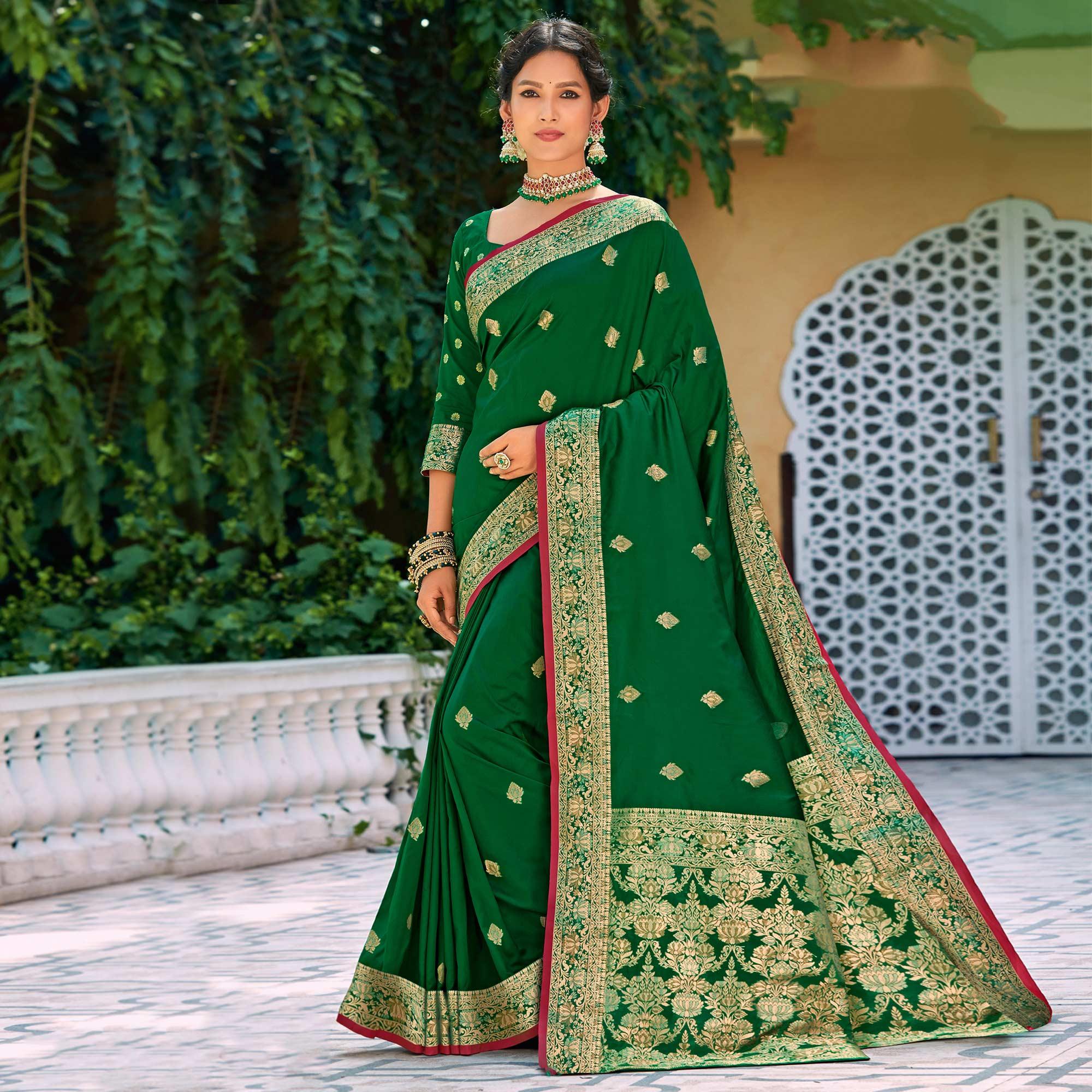 Green Festive Wear Woven Silk Saree - Peachmode