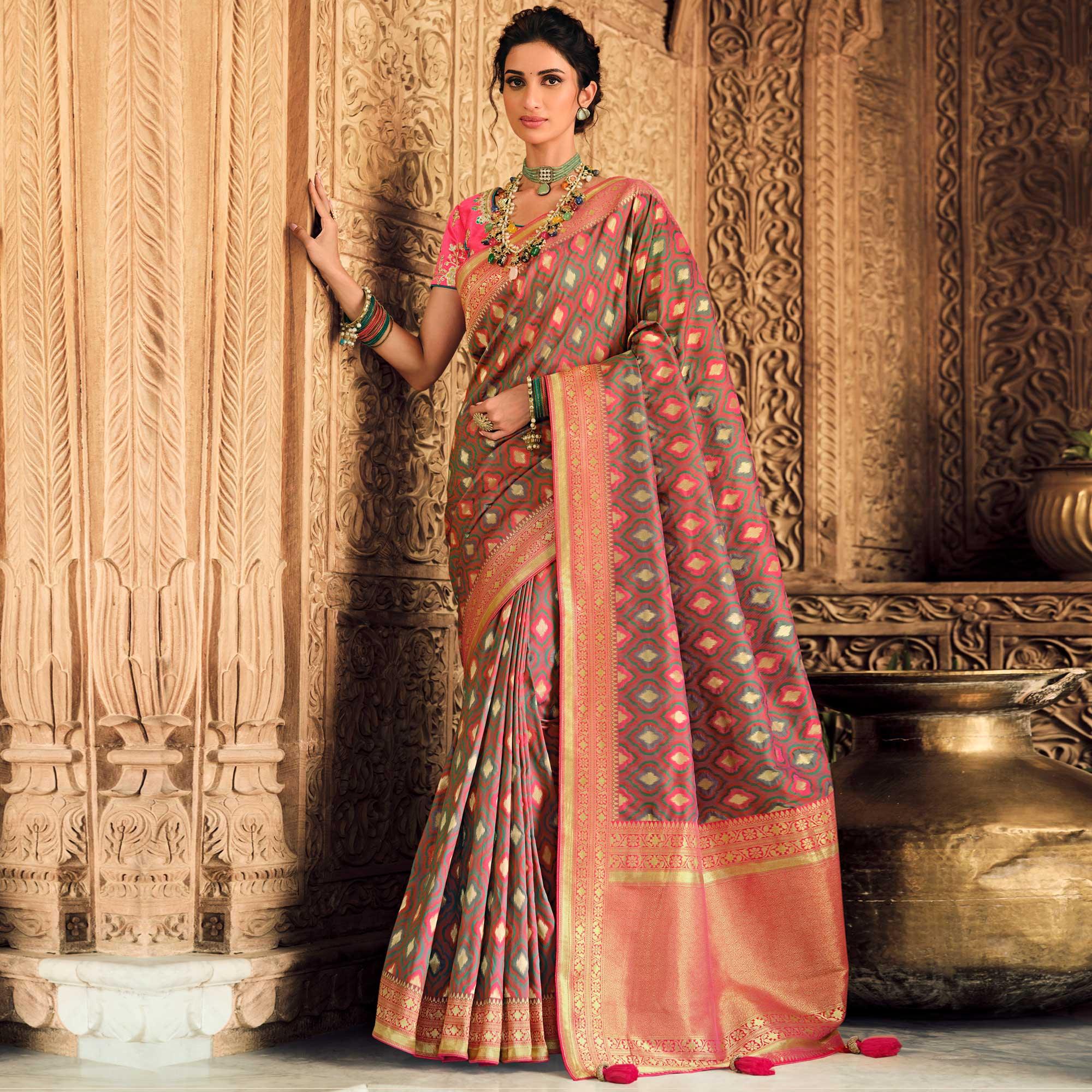 Green Festive Wear Woven Silk Saree - Peachmode