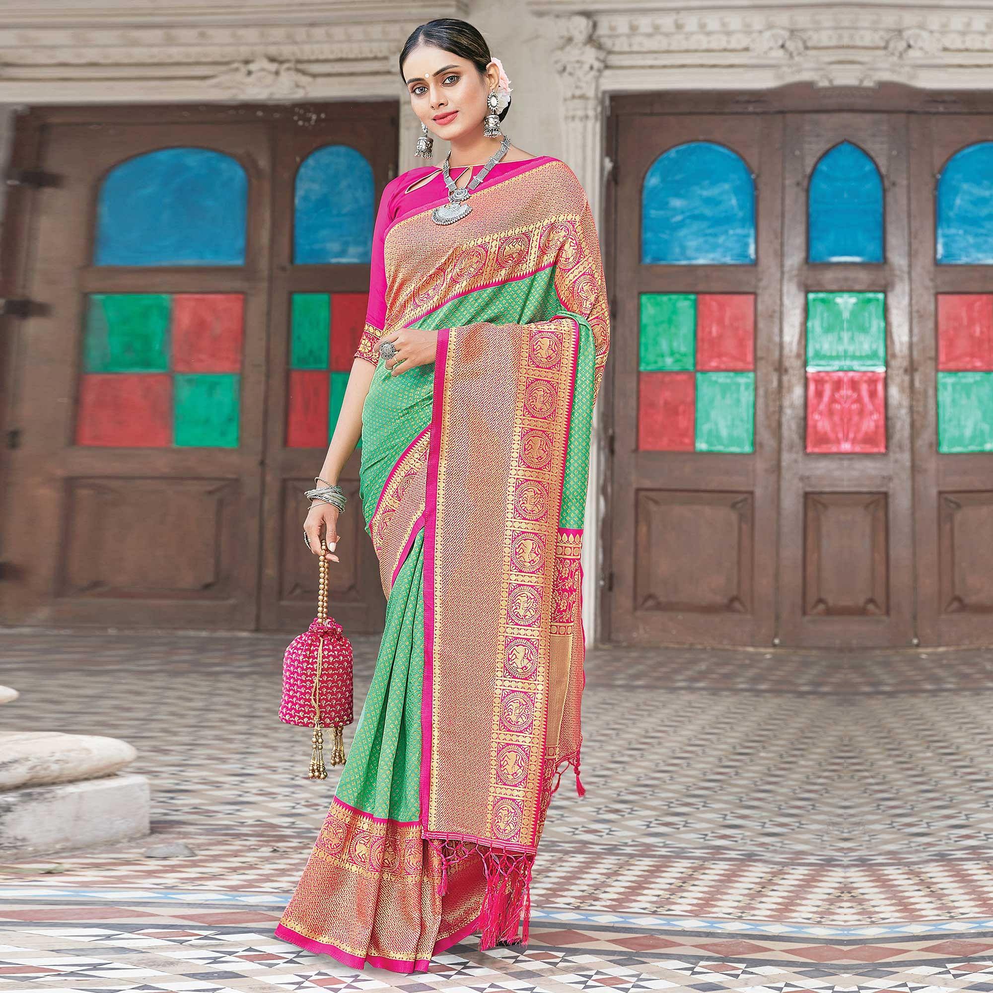 Green Festive Wear Woven Silk Saree - Peachmode