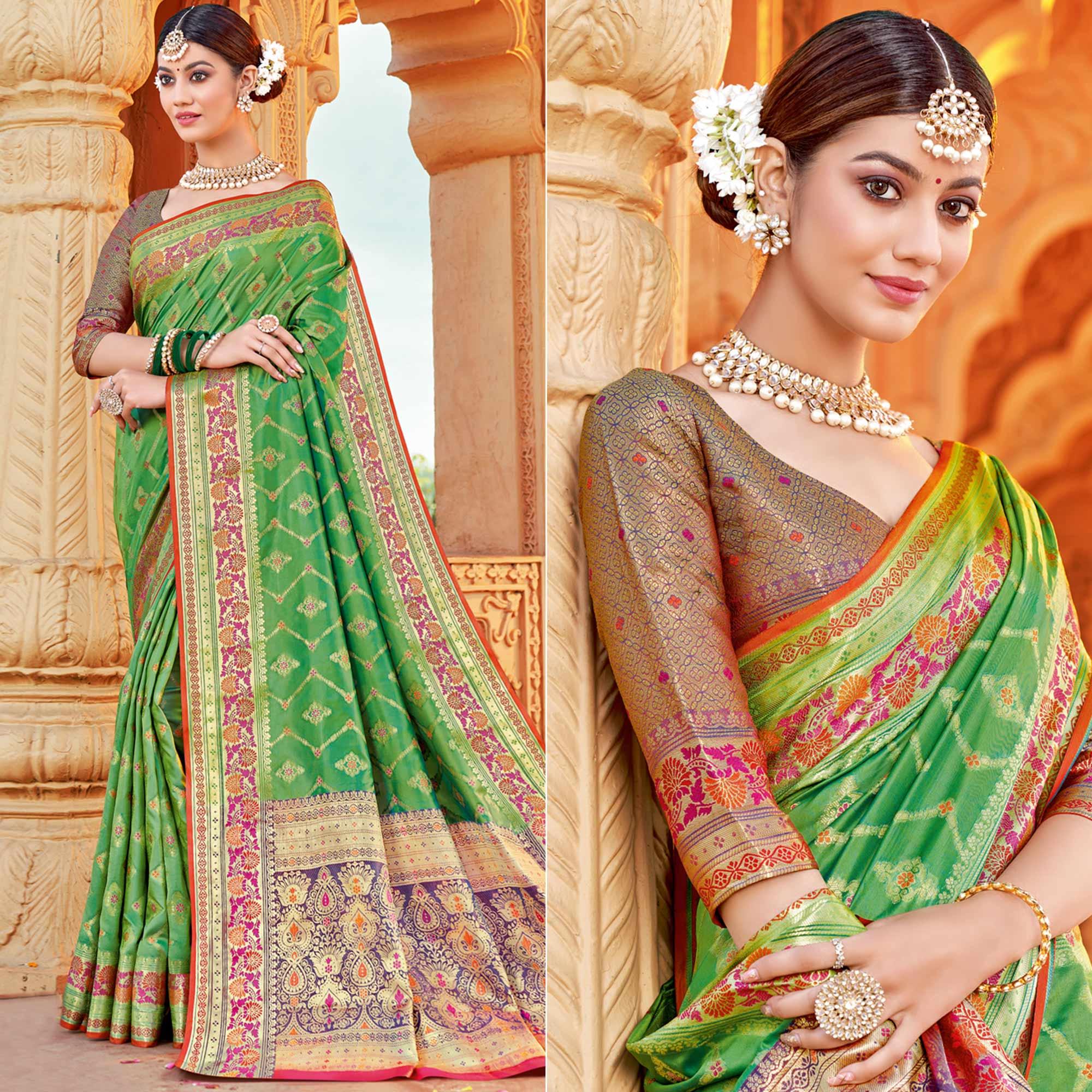 Green Festive Wear Woven Silk Saree - Peachmode