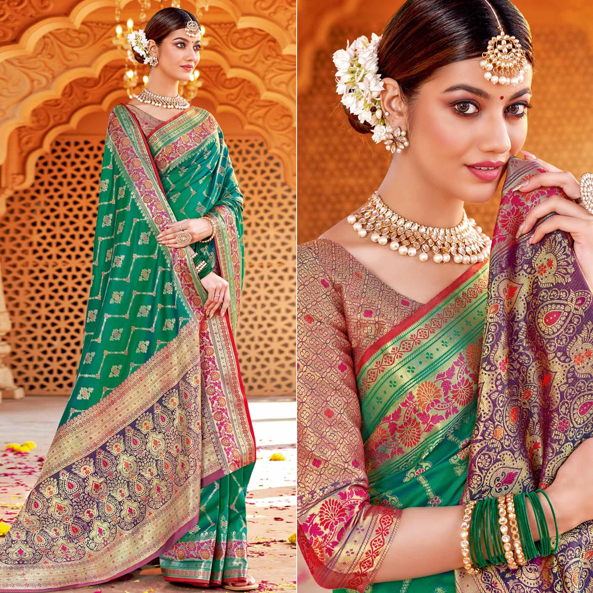 Green Festive Wear Woven Silk Saree - Peachmode