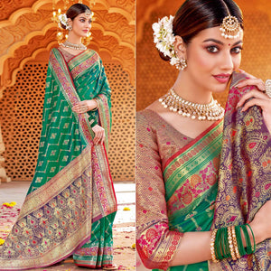 Green Festive Wear Woven Silk Saree - Peachmode