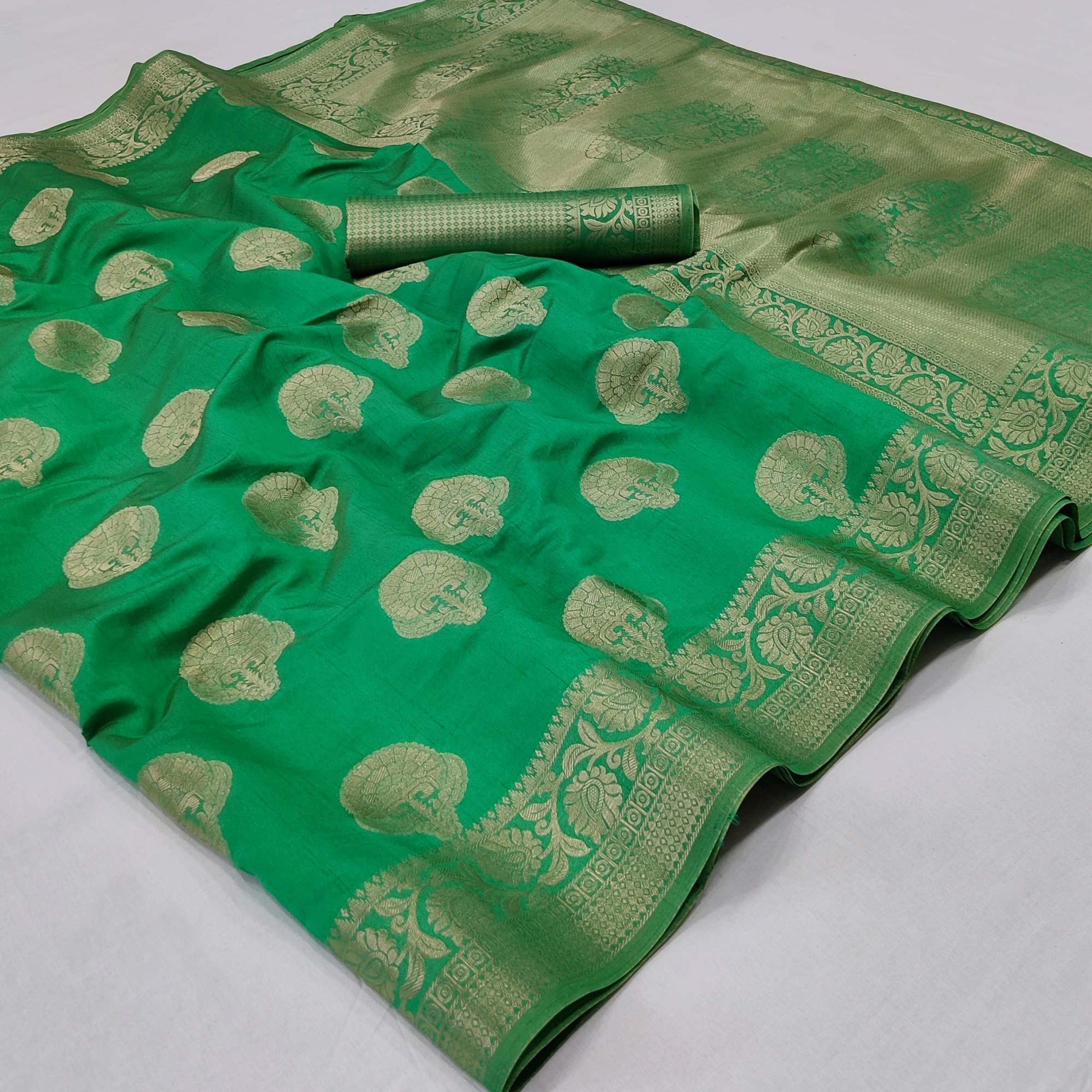 Green Festive Wear Woven Silk Saree - Peachmode