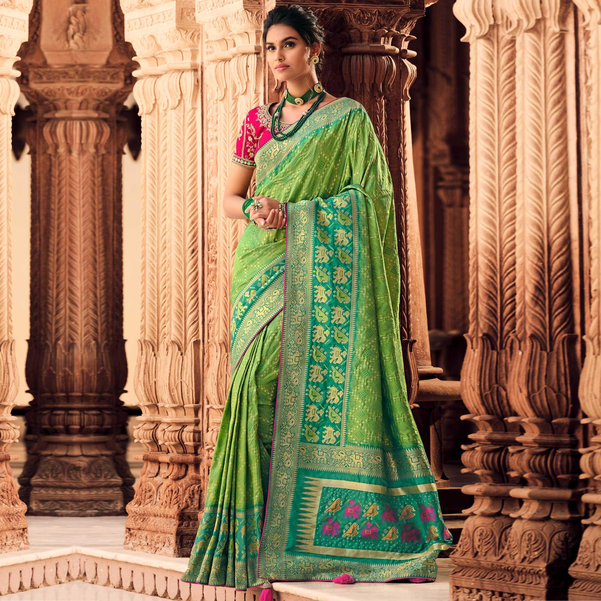 Green Festive Wear Woven Silk Saree - Peachmode