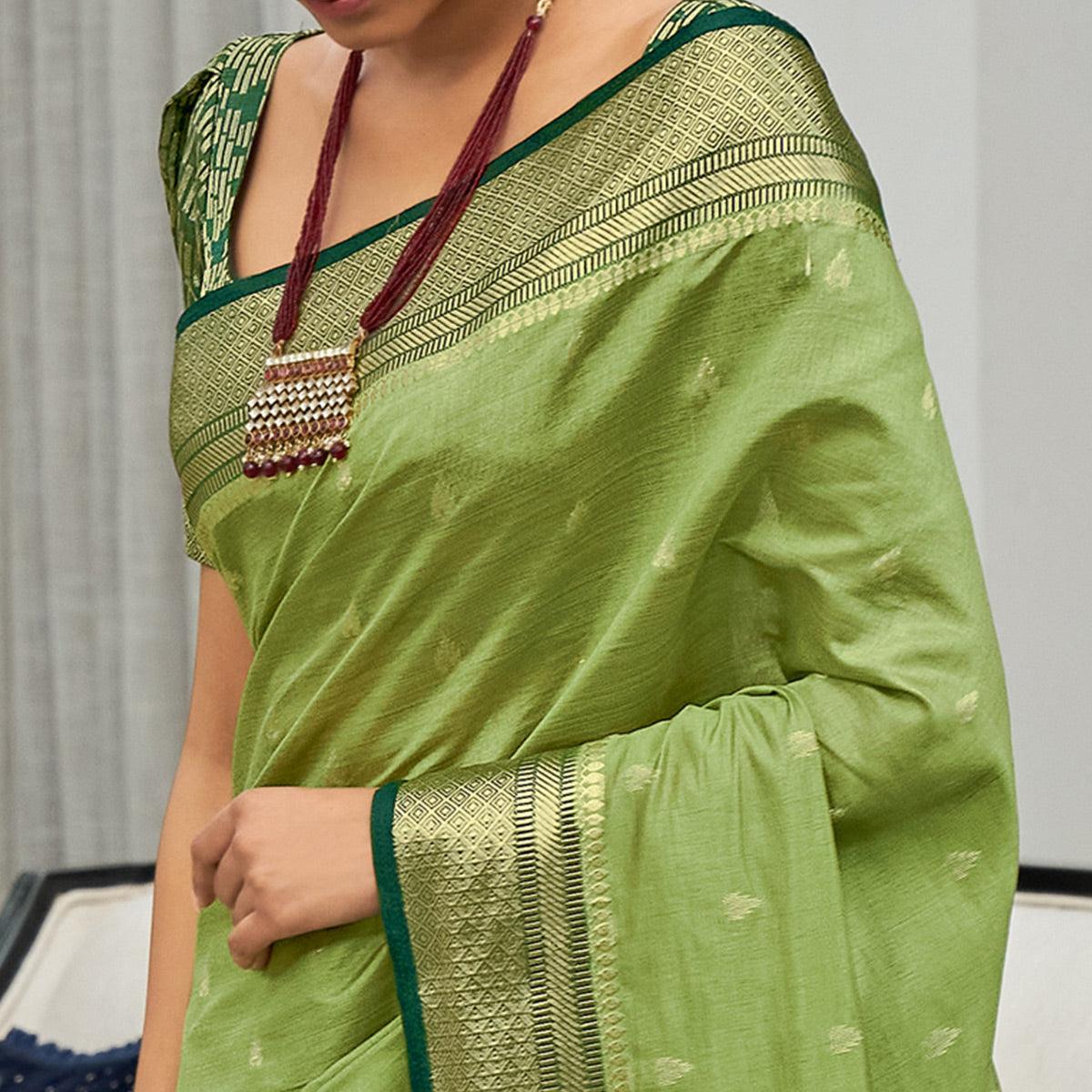 Green Festive Wear Woven Silk Saree - Peachmode