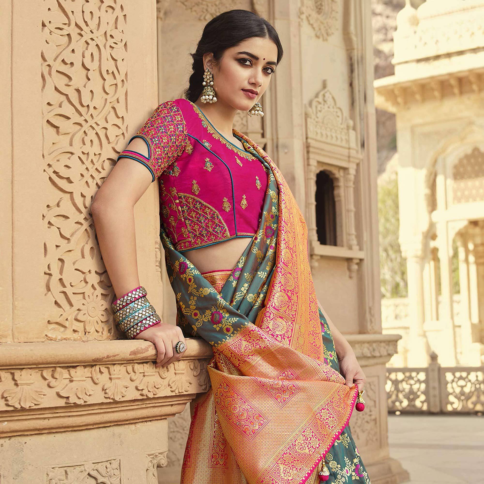 Green Festive Wear Woven Silk Saree - Peachmode