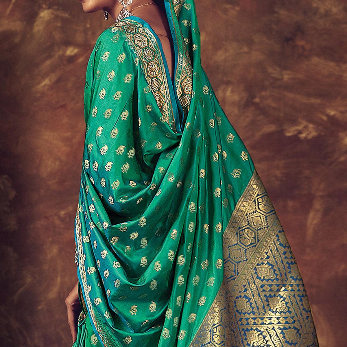 Green Festive Wear Woven Silk Saree - Peachmode