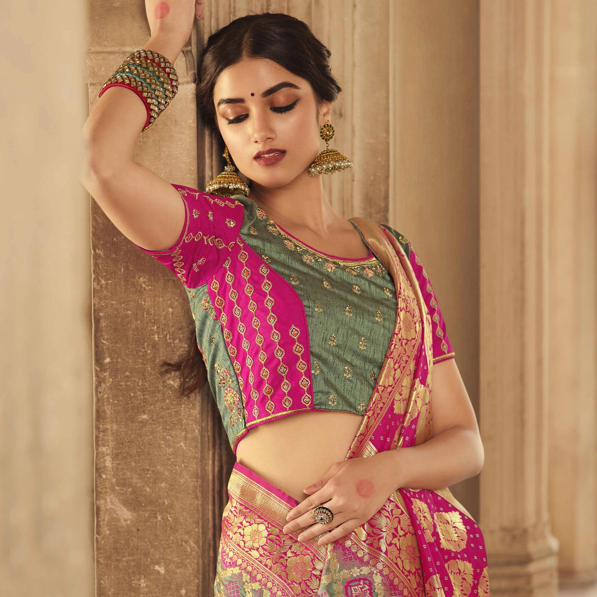 Green Festive Wear Woven Silk Saree - Peachmode