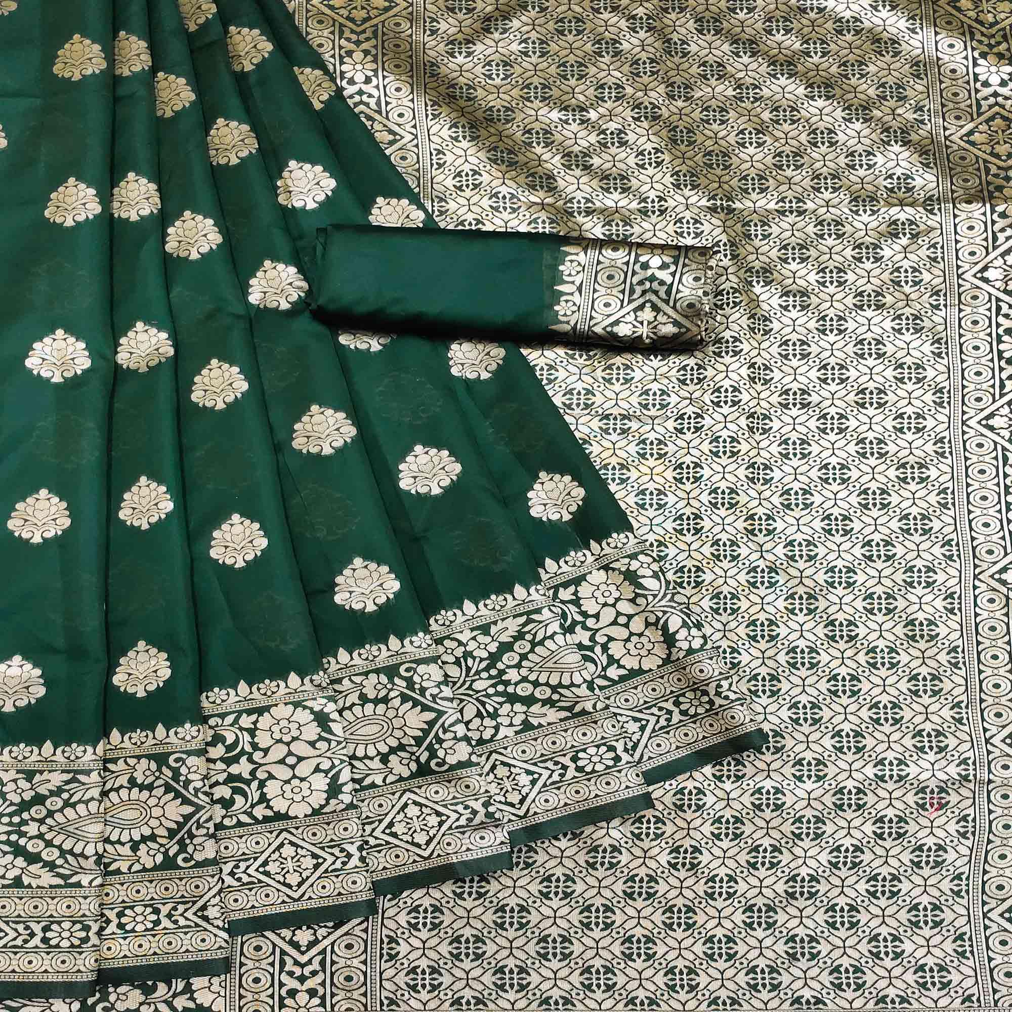 Green Festive Wear Woven Silk Saree - Peachmode