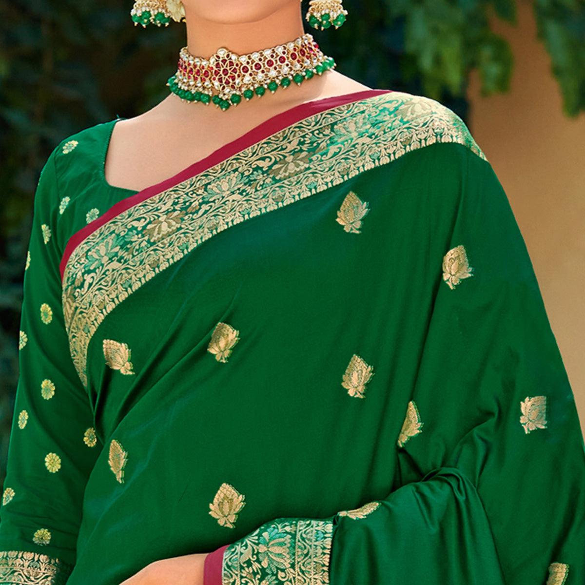 Green Festive Wear Woven Silk Saree - Peachmode