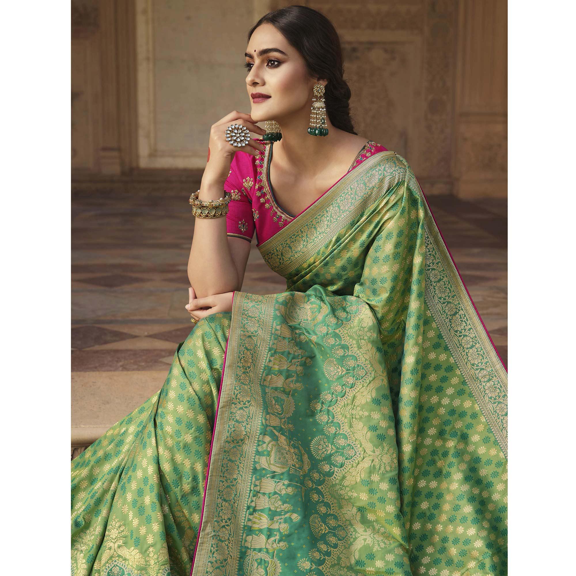 Green Festive Wear Woven Silk Saree - Peachmode