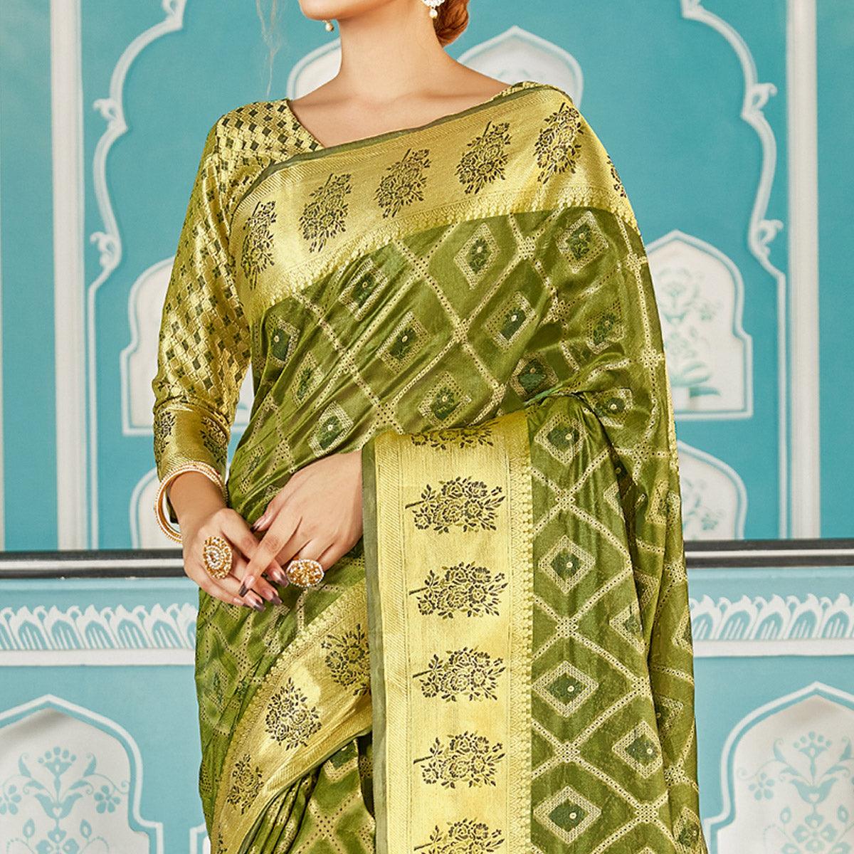 Green Festive Wear Woven Silk Saree - Peachmode