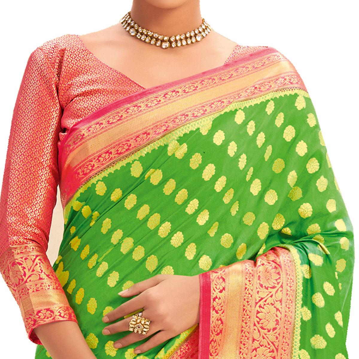 Green Festive Wear Woven Silk Saree - Peachmode