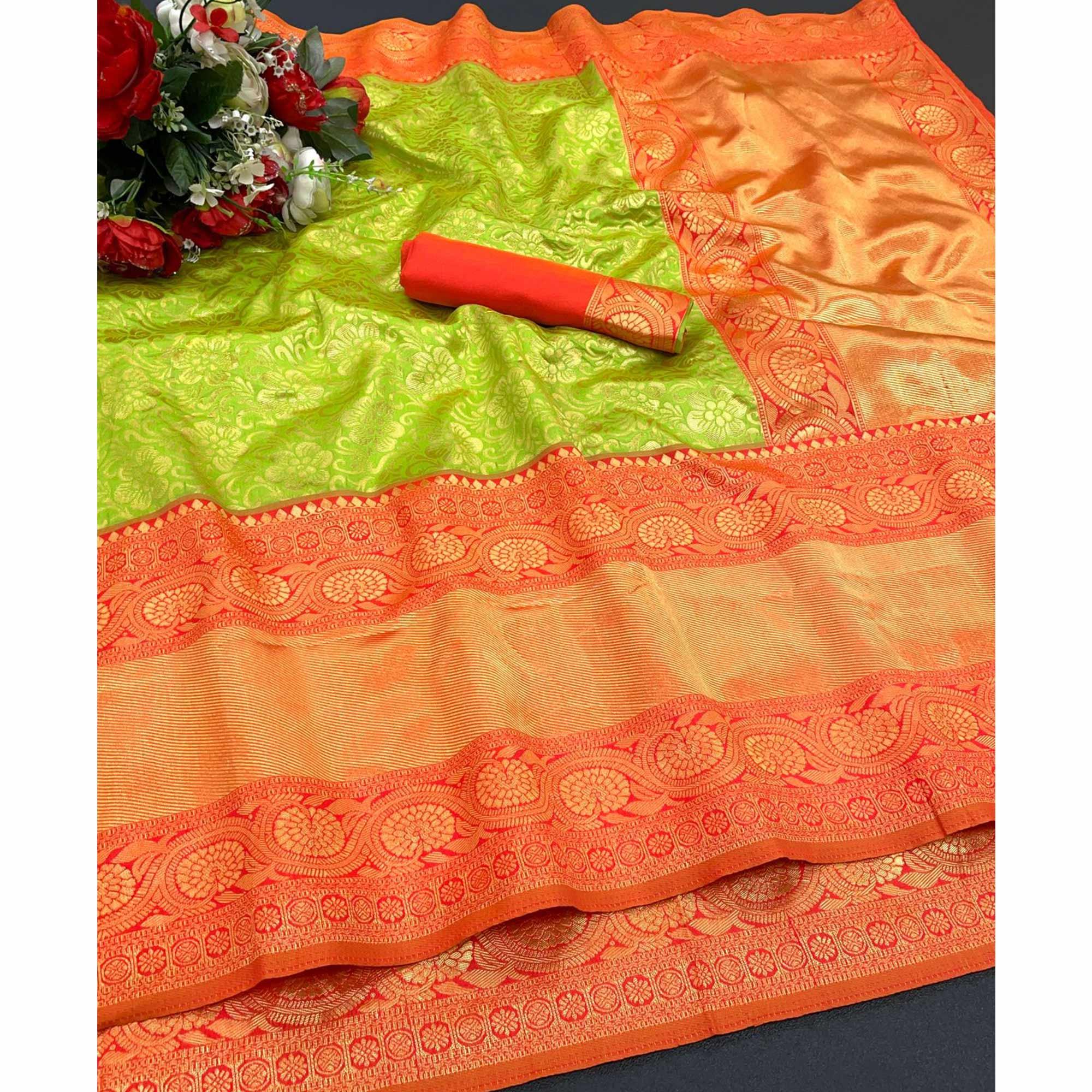Green Festive Wear Woven Silk Saree - Peachmode