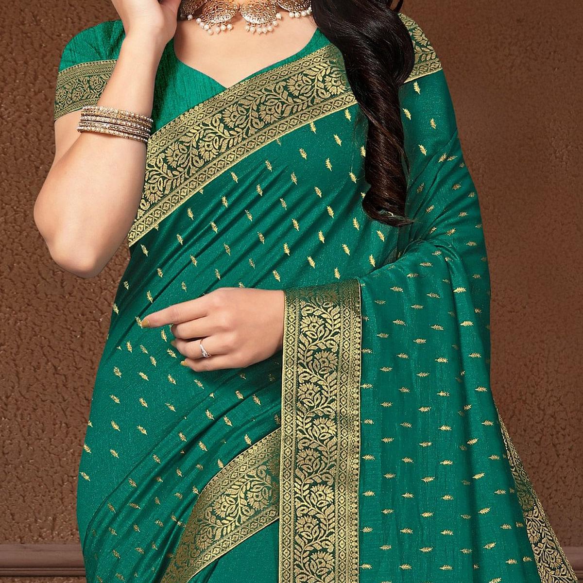 Green Festive Wear Woven Silk Saree - Peachmode