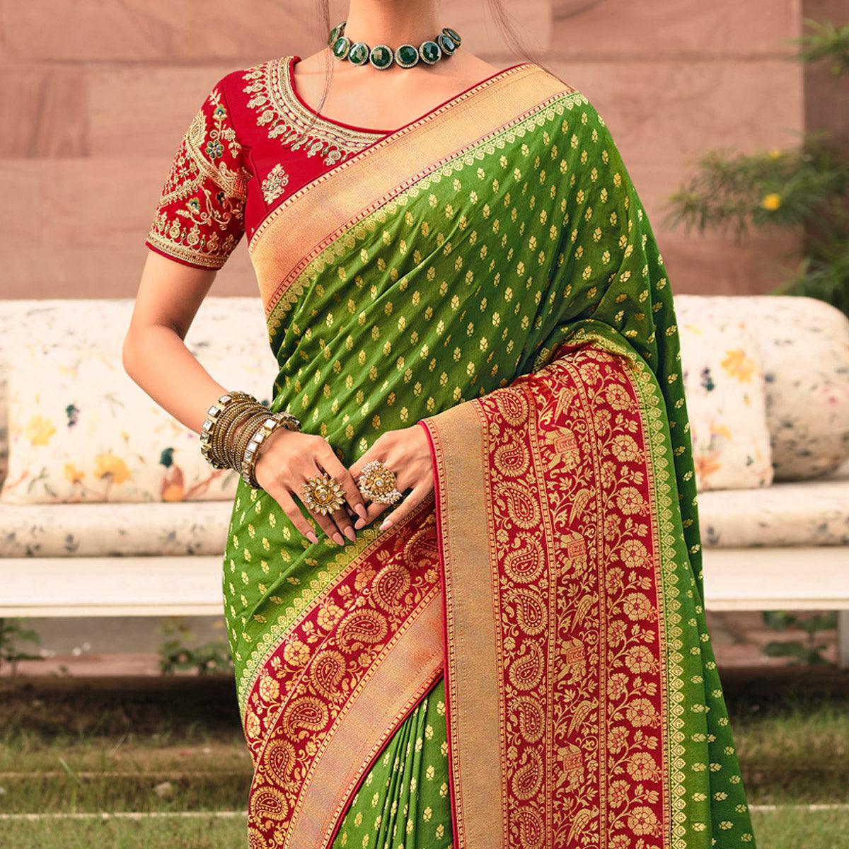 Green Festive Wear Woven Silk Saree - Peachmode