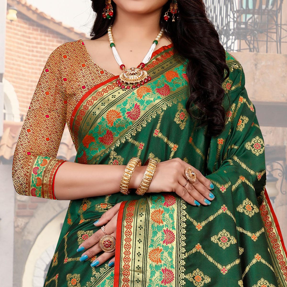 Green Festive Wear Woven Silk Saree - Peachmode