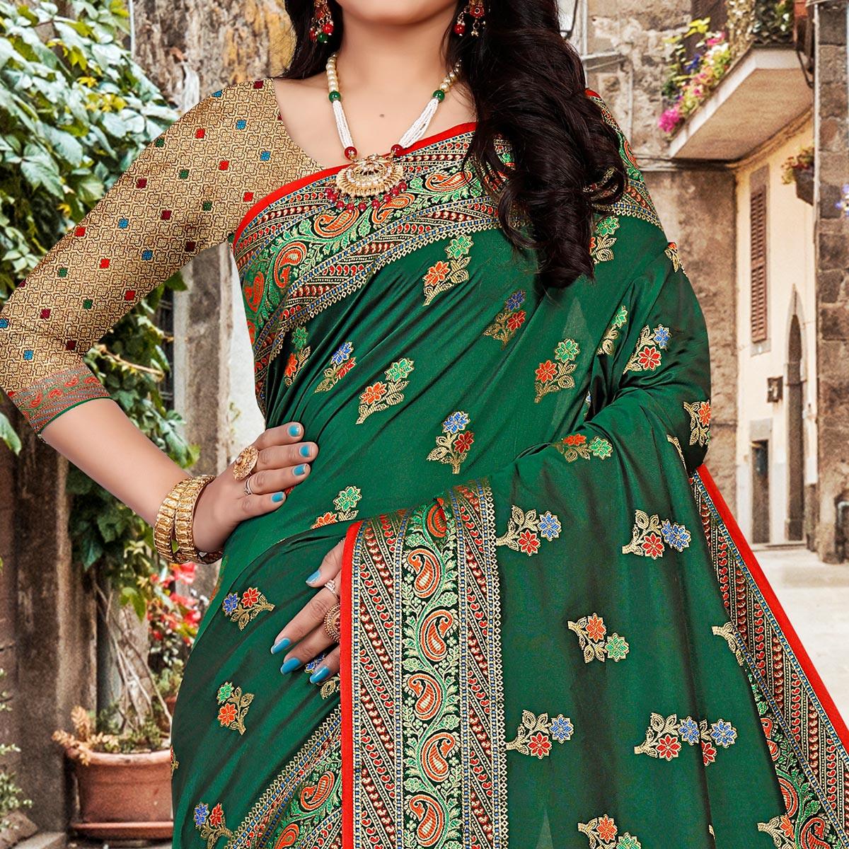 Green Festive Wear Woven Silk Saree - Peachmode