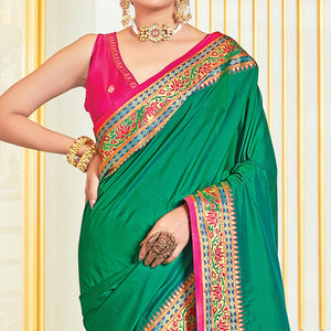 Green Festive Wear Woven Silk Saree - Peachmode