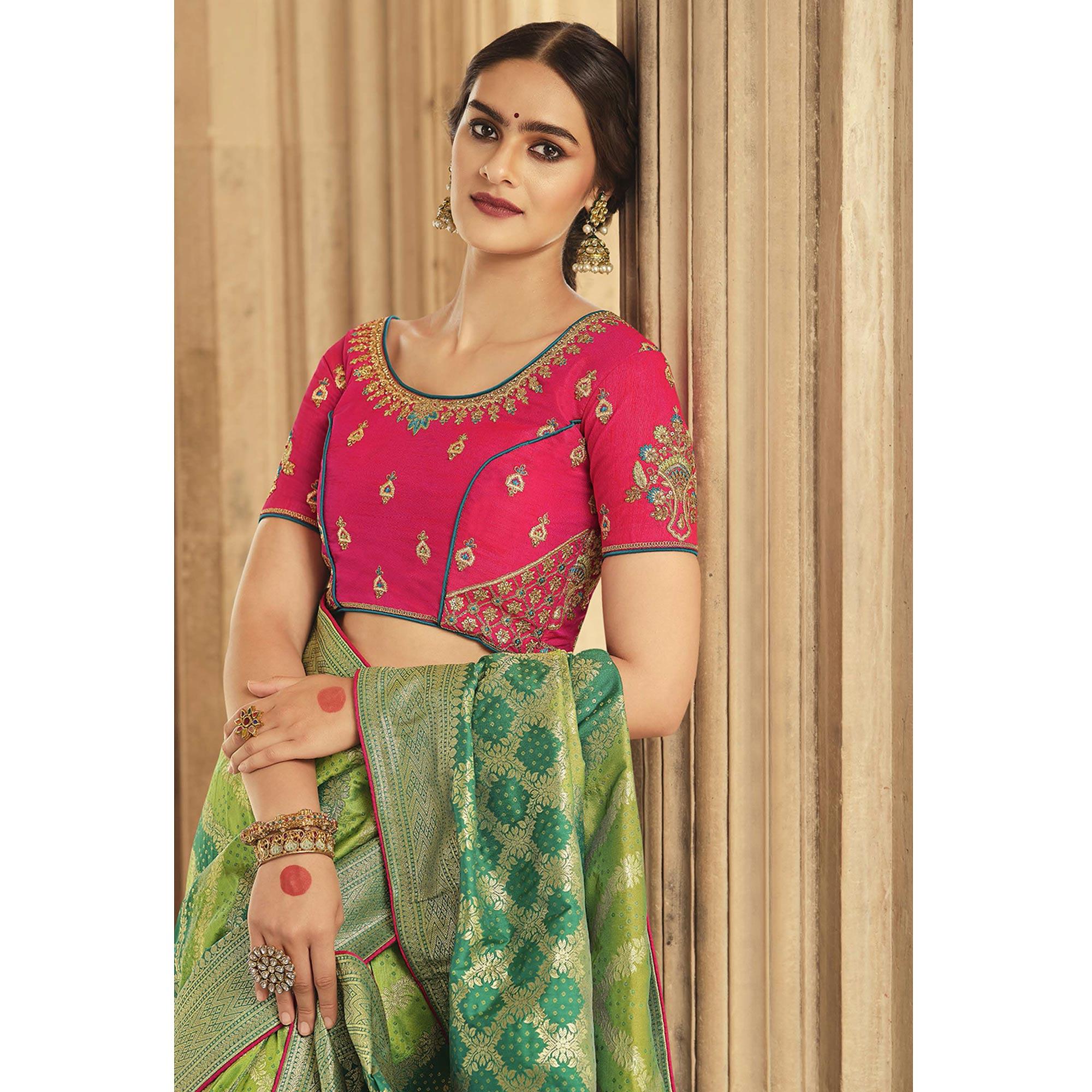 Green Festive Wear Woven Silk Saree - Peachmode