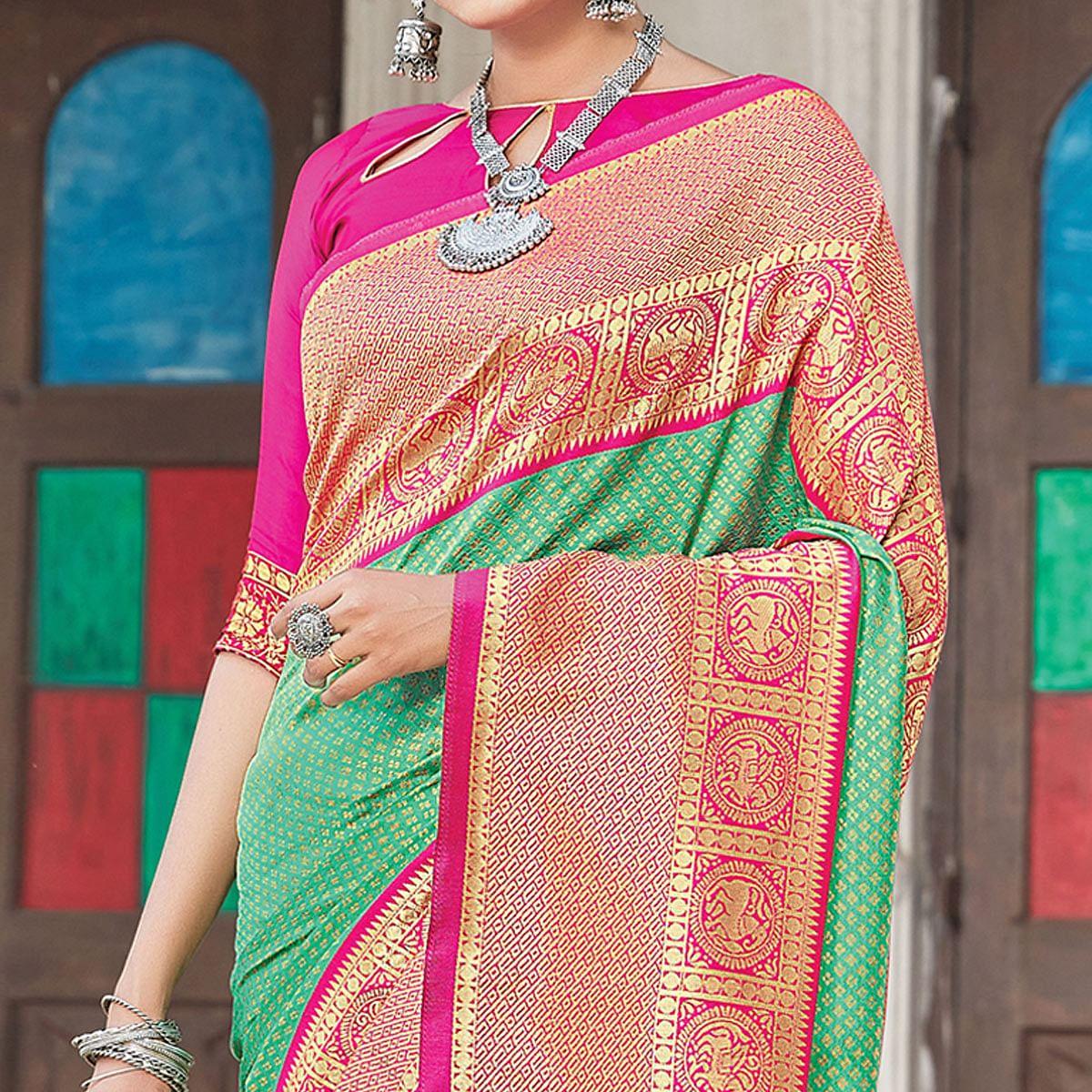 Green Festive Wear Woven Silk Saree - Peachmode